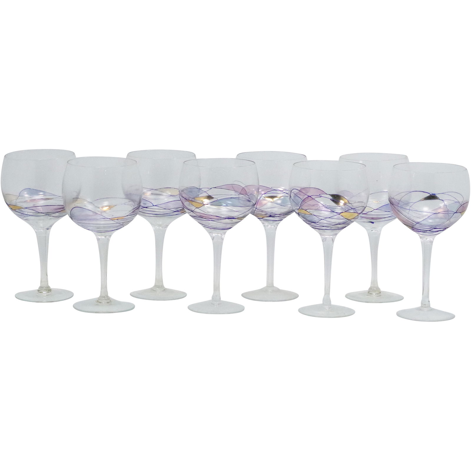 8x Vintage Tiffany Bordeaux Balloon Wine Glass: 8x Tiffany Bordeaux Balloon Wine Glass with swirled stain glass style patterns Size: 7.75h 4w