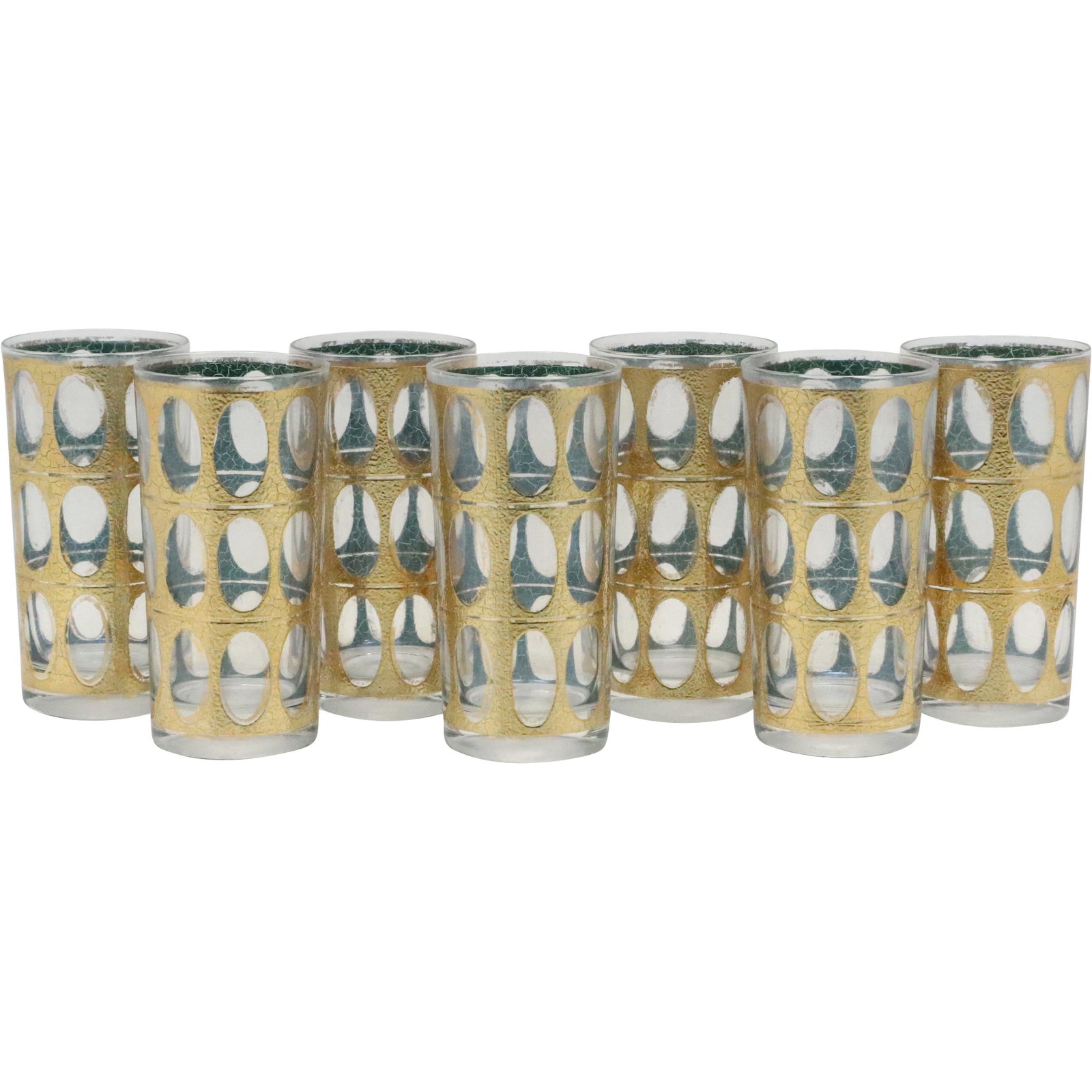 [7] Culver Mid-Century Modern Pisa High-top Glasses: ]7] Culver Mid-Century Modern Pisa High-top Glasses glasses have 22k gold designs on each glass. Set of 6 plus spare. gold designs have an egg or oval shape classic mid-century atomic design. Size: 5.
