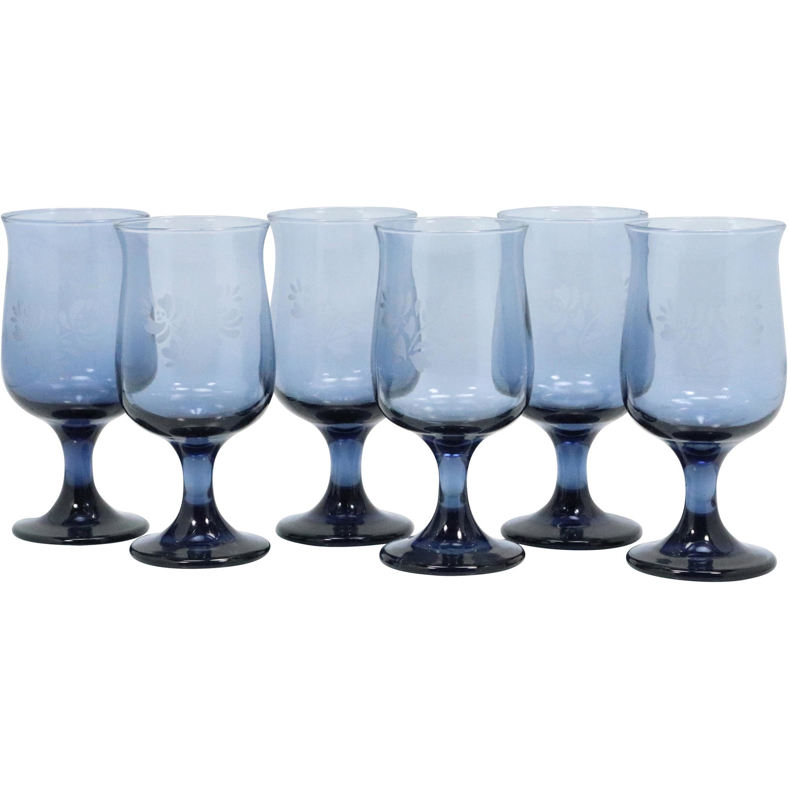 6 Teal Blue Glass Goblets Marked Pfaltzgraft U.S.A.: 6 Teal Blue Glass Goblets Marked Pfaltzgraft U.S.A. Size: 5.5h 2.5w