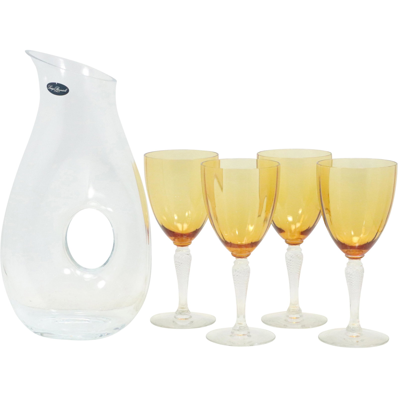 Clear Glass Wine Decanter & 4 Amber Wine Glass Stemware: Clear Glass Wine Decanter & 4 Amber Wine Glass Stemware. Size: (x4 glasses 7.5h 3.25w), (pitcher 12h 6.5w)