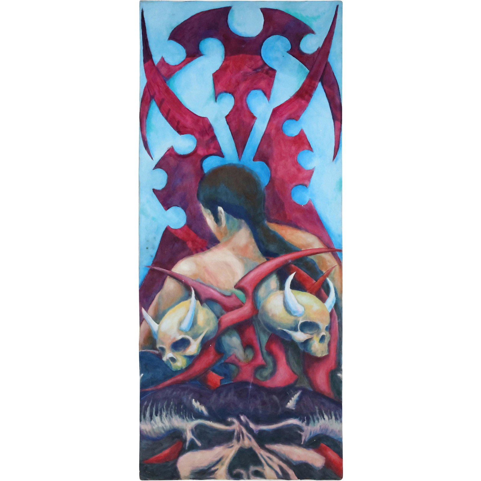Jorge Sardinas, O/c Latin American Figure, Devil Skulls: Jorge Sardinas, O/c Latin American Figure, Devil Skulls. Oil on canvas painting, Signed on verso and dated 1991. Size: 52 x 22