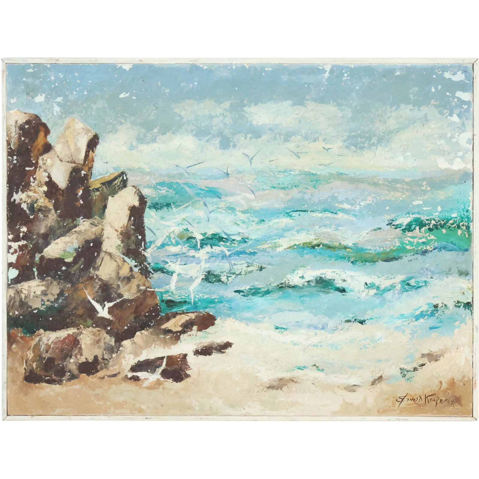 Ernest Krape 1964 Oil/c Rocky Coastal Seascape Seagulls: Ernest Krape 1964 Oil/c Rocky Coastal Seascape Seagulls, Oil on canvas painting. Signed and dated size: 18 x 24, outside of frame 18.5 x 24.5.