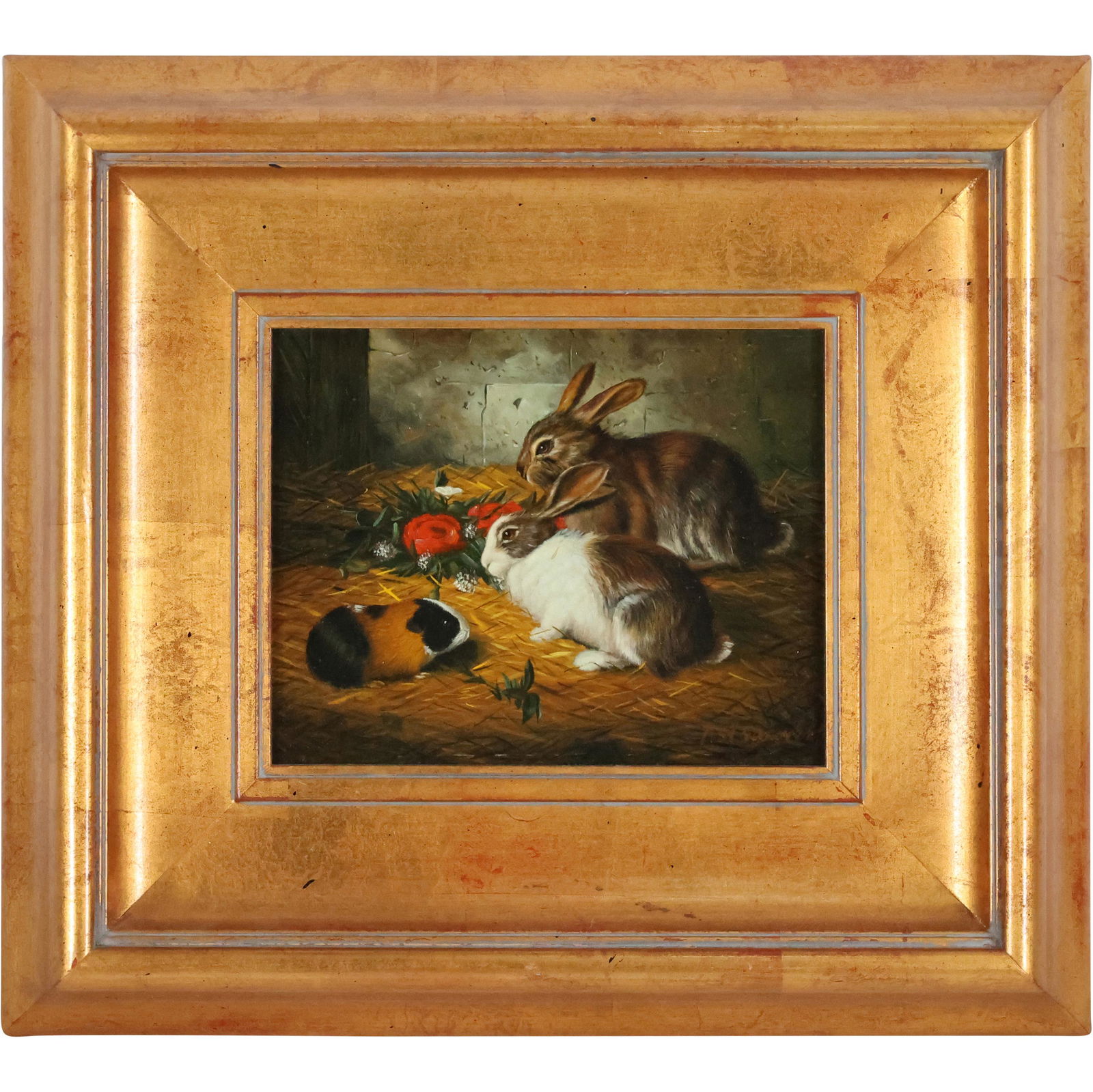 T Stanorez, 20th C. Oil/b Barn Yard Rabbits Painting (1 of 12)