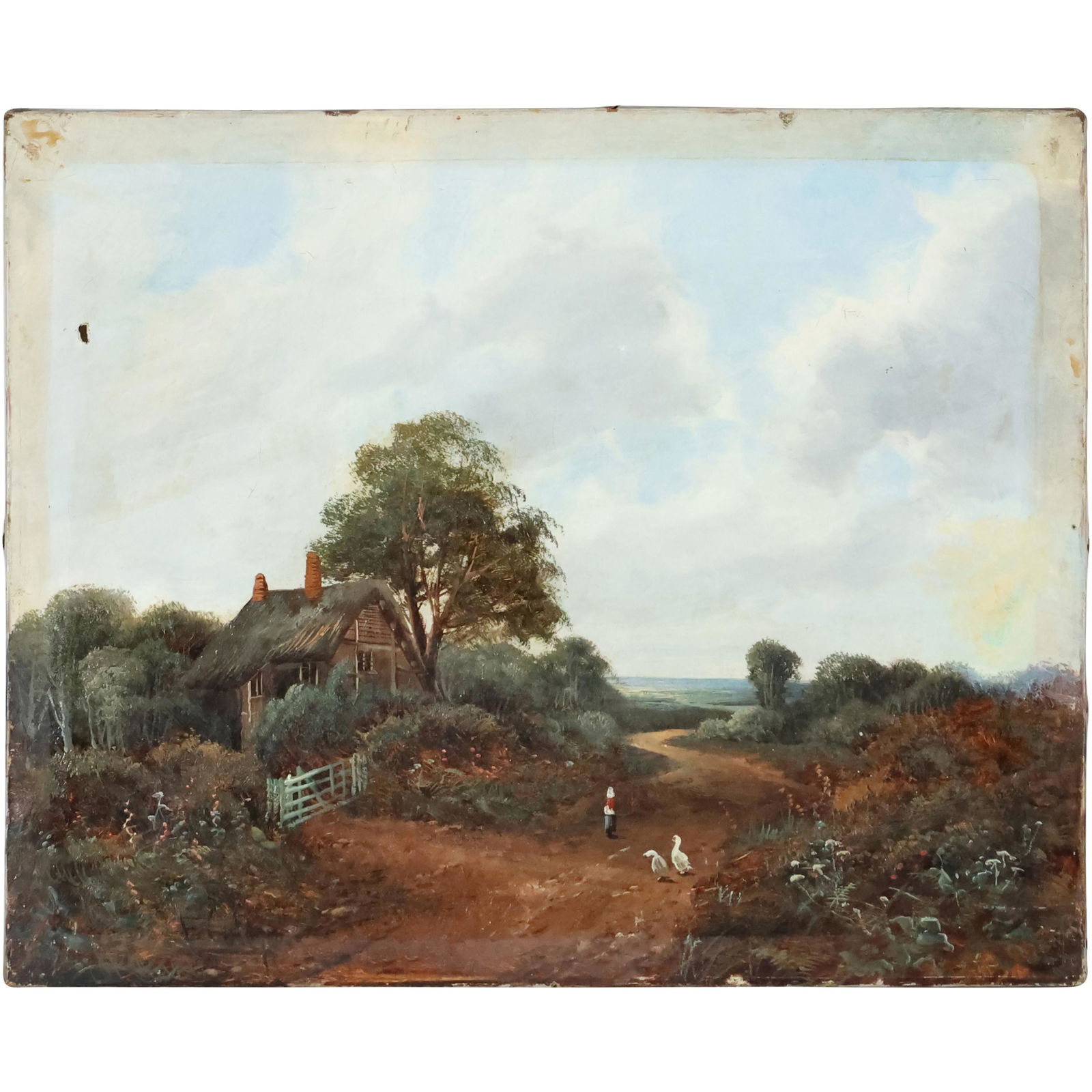 Circa 1910 Oil Painting Landscape Thatch Roof House (1 of 12)