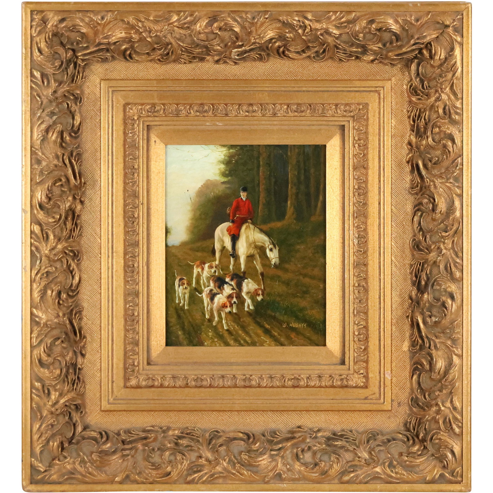W Hughes, Oil on Wood Panel, English Dogs Hunt Scene (1 of 12)