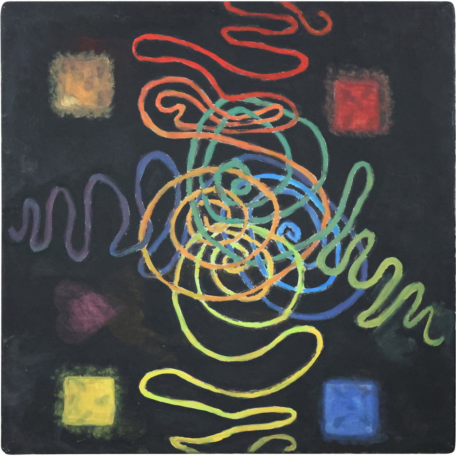 Vintage Modern Abstract Painting Signed Skillman: Vintage Modern Abstract Painting Signed Skillman, multi colored with black background and hidden heart. size: 36.5 x 36.5