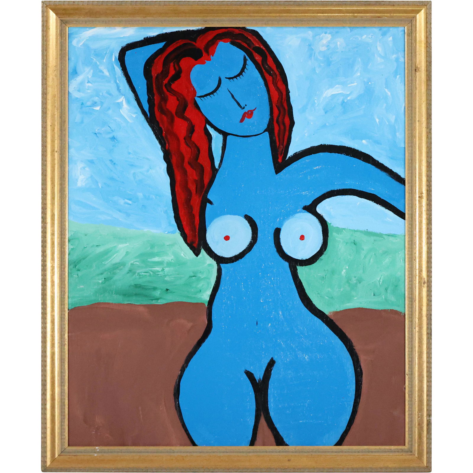Thomas Pulgini, American, O/b Blue Woman with Red Hair: Thomas Pulgini, American, O/b Blue Woman with Red Hair. Oil on board painting. Signed on Verso. Framed. Well listed American Artist. Size: 36 x 29, outside of frame: 40 x 33. ASKart: Thomas Pulgini, B
