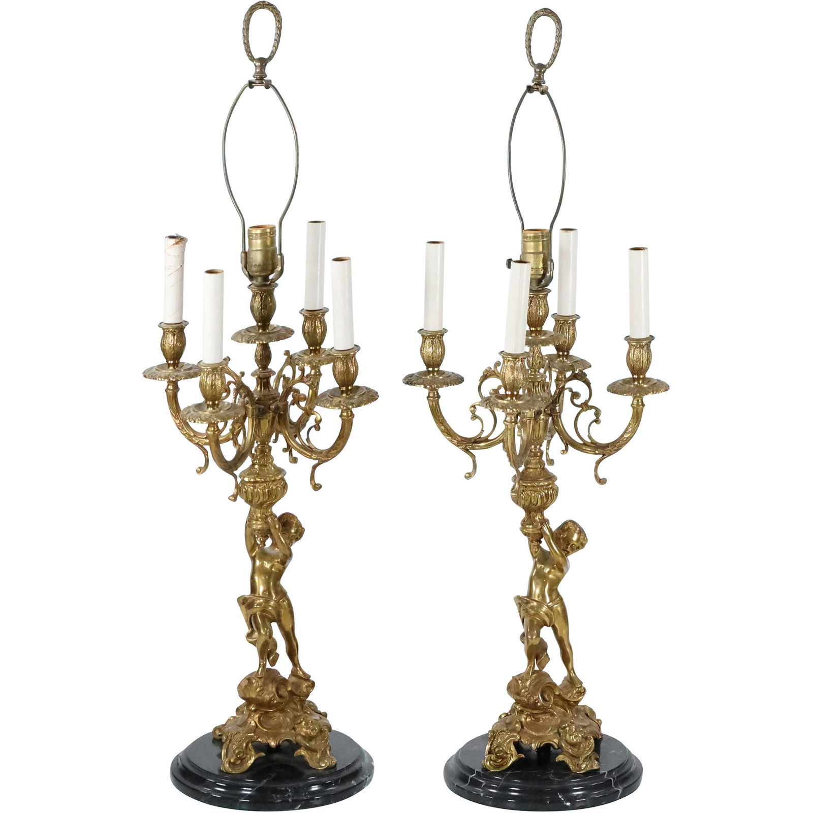 Pair French Bronze Candelabrum Electric Lamps, Cherubs (1 of 10)