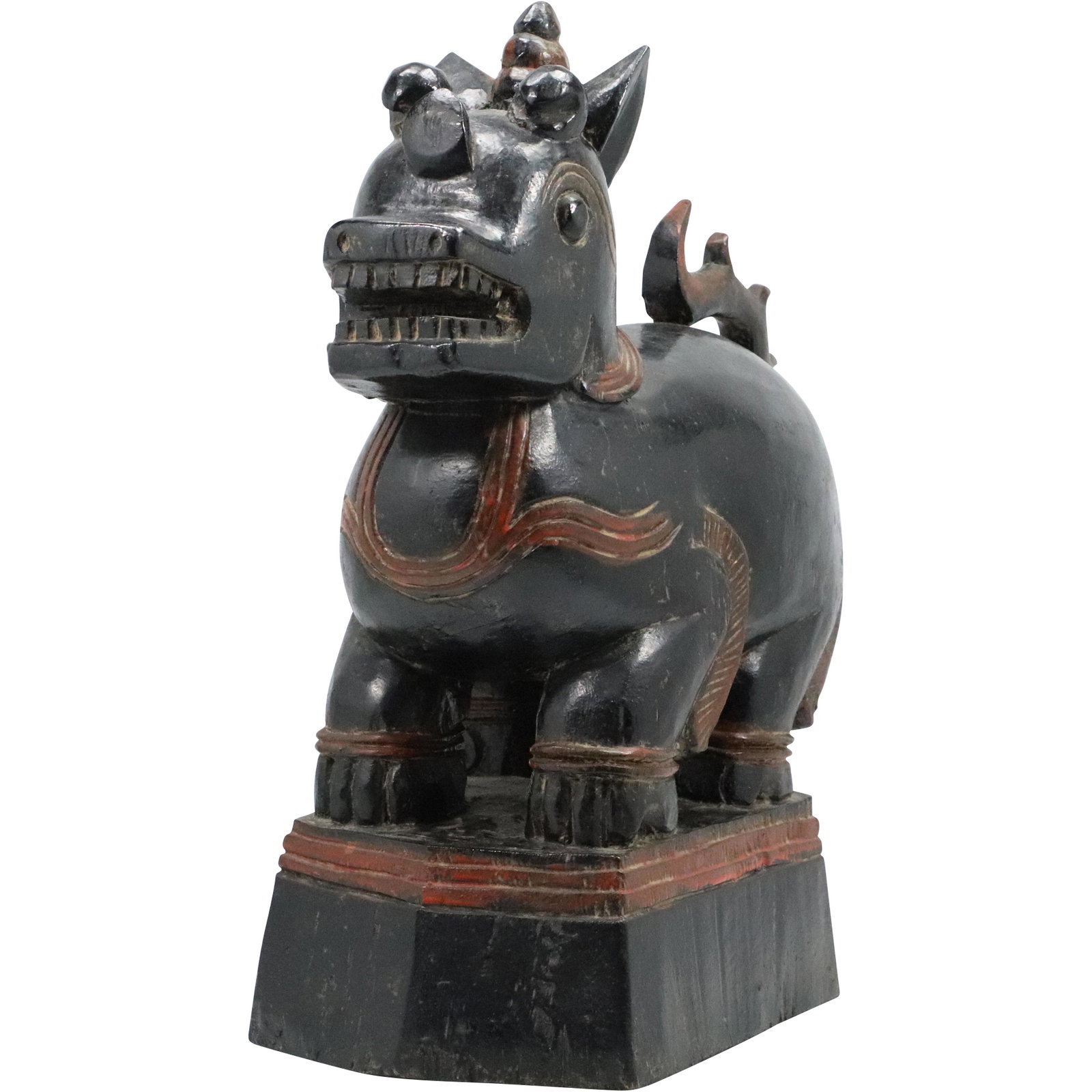 Antique Carved Wood Buddhist Lion Figure Sculpture: Antique Carved Wood Buddhist Lion Figure Sculpture. Original dark patina finish. Size: 17.5h 14w