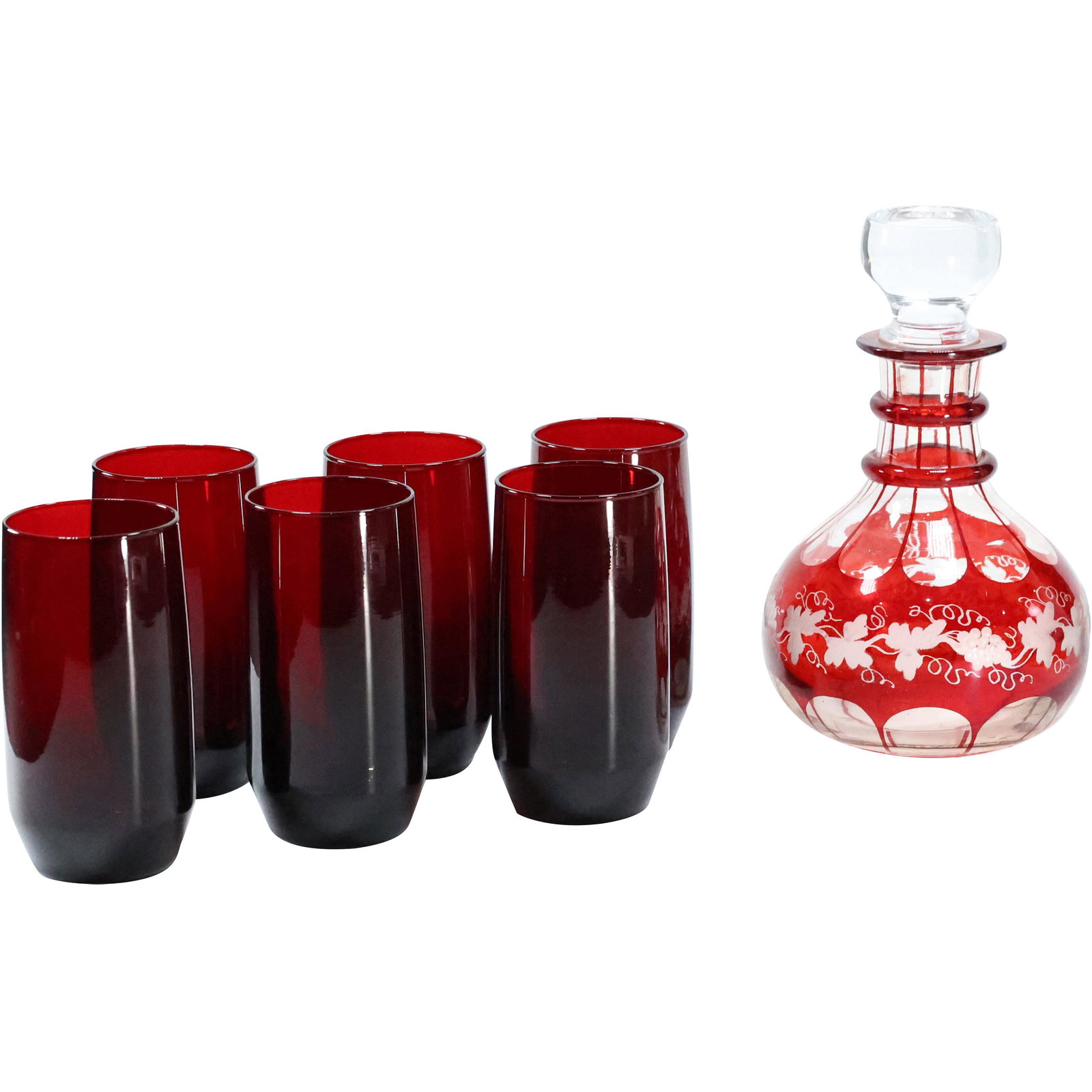 Bohemian Red Etched Liquor Decanter, 6 Ruby Red Glasses (1 of 11)