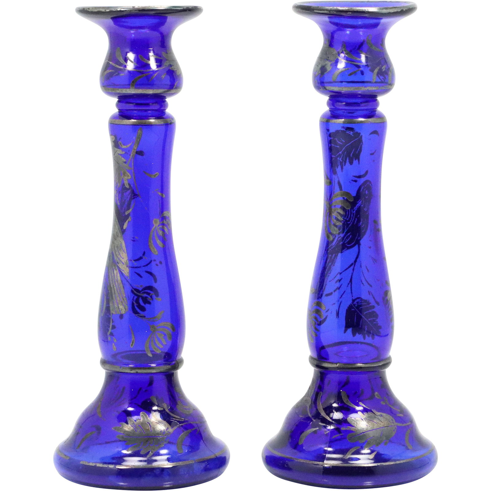 [2] Cobalt Blue Glass Tall Candlesticks Silver Overlay (1 of 7)