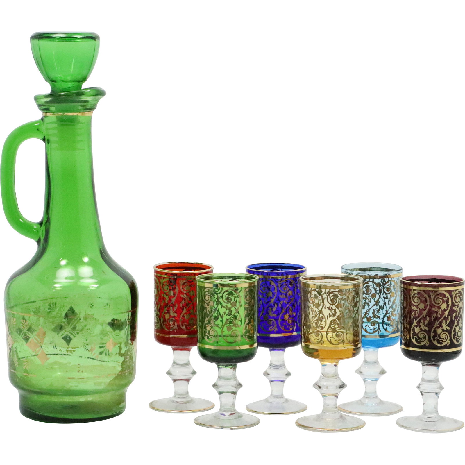 Green Glass Decanter with 6 Multi Color Stem Cordials (1 of 17)