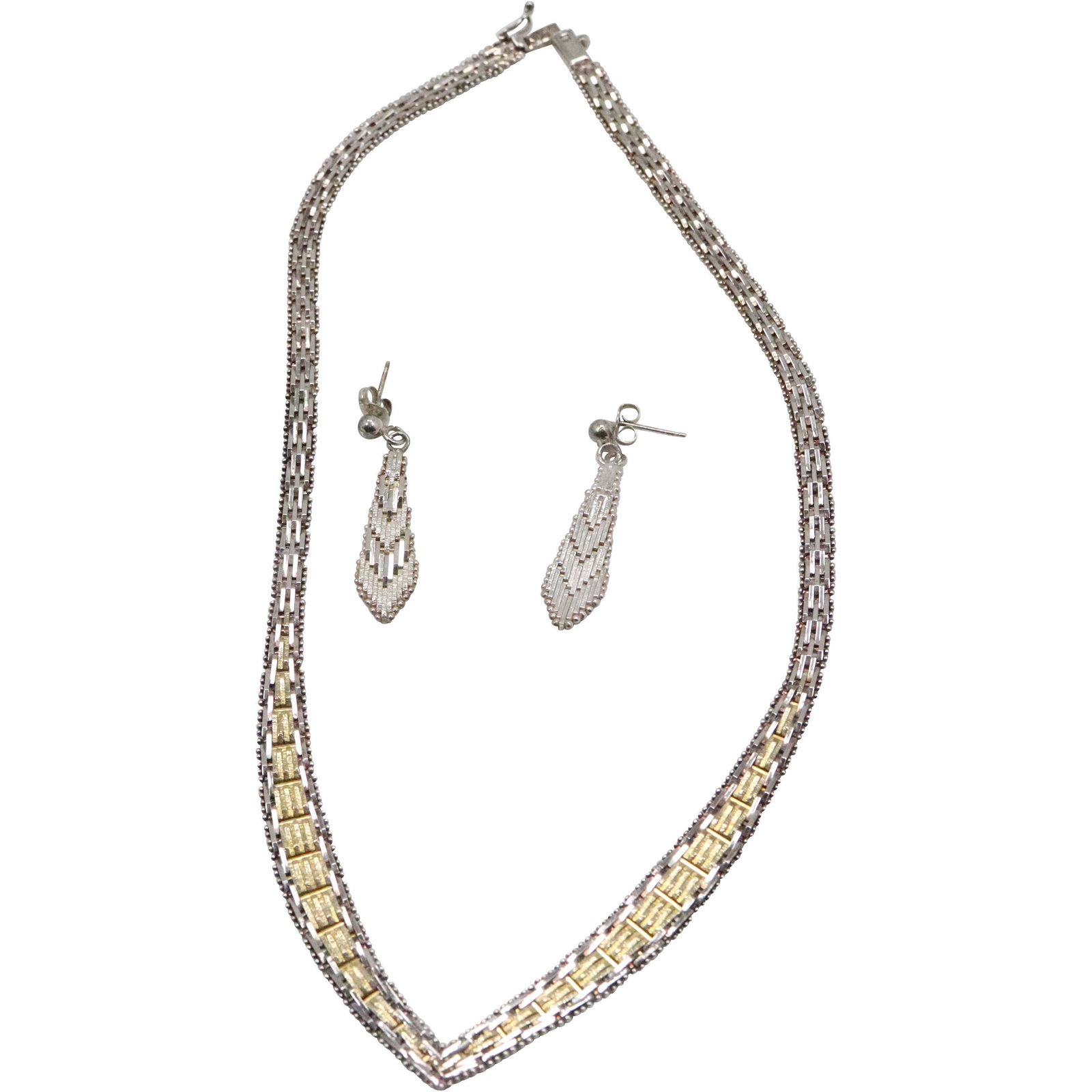 .925 Two-Tone 1980s "V" Mesh Link Necklace & Earrings (1 of 6)