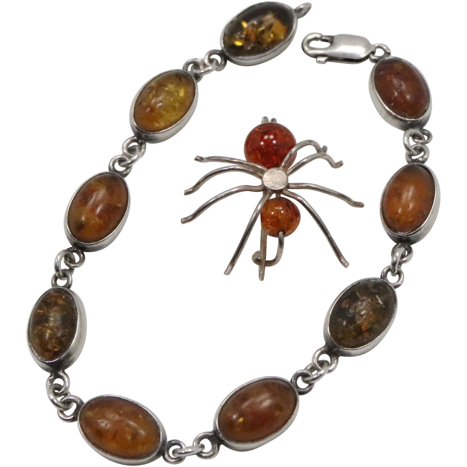Sterling Amber Spider Brooch & .925 Amber Bracelet (1 of 6)