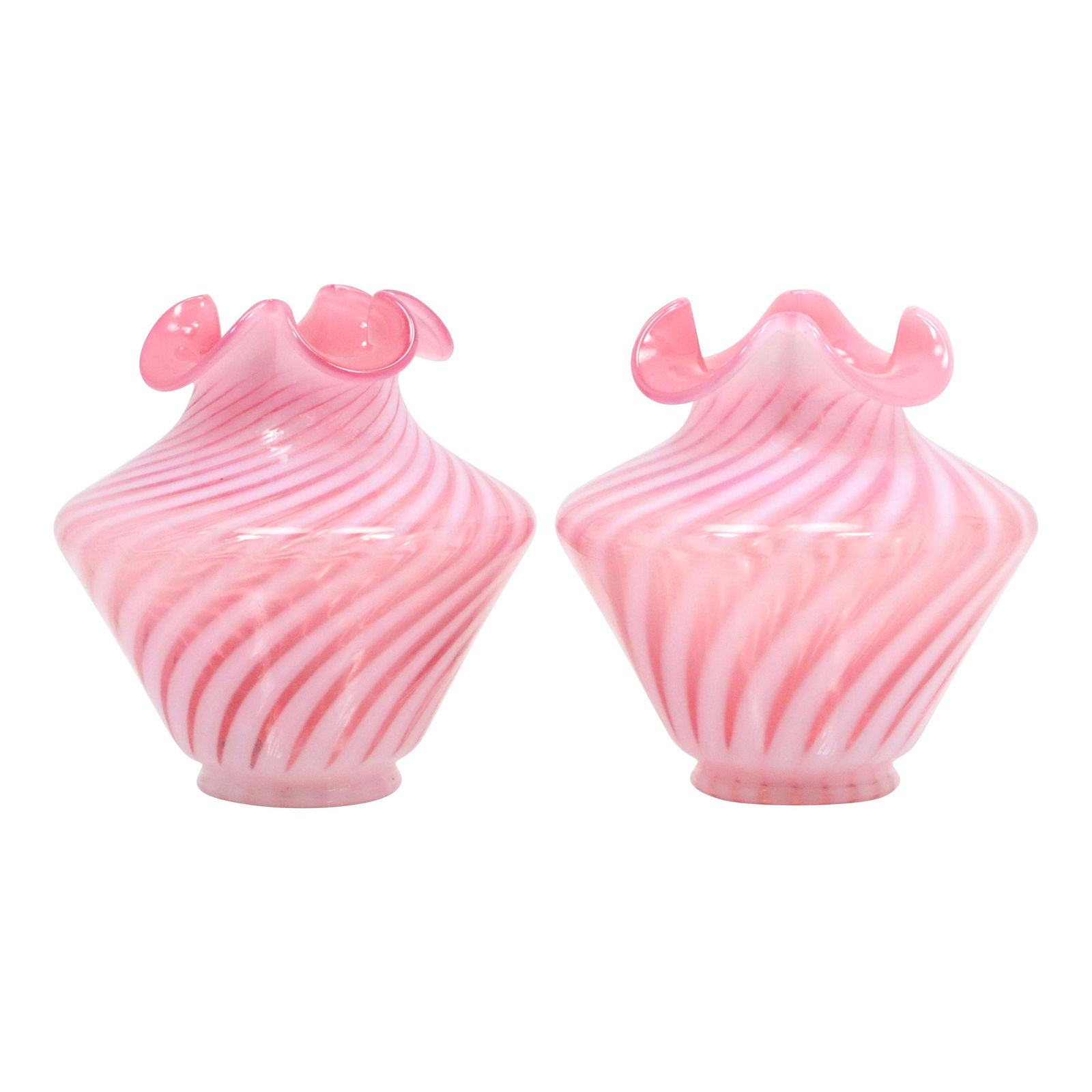 [2] Fenton Pink Glass Swirl Vases Ruffled Top Rim (1 of 9)