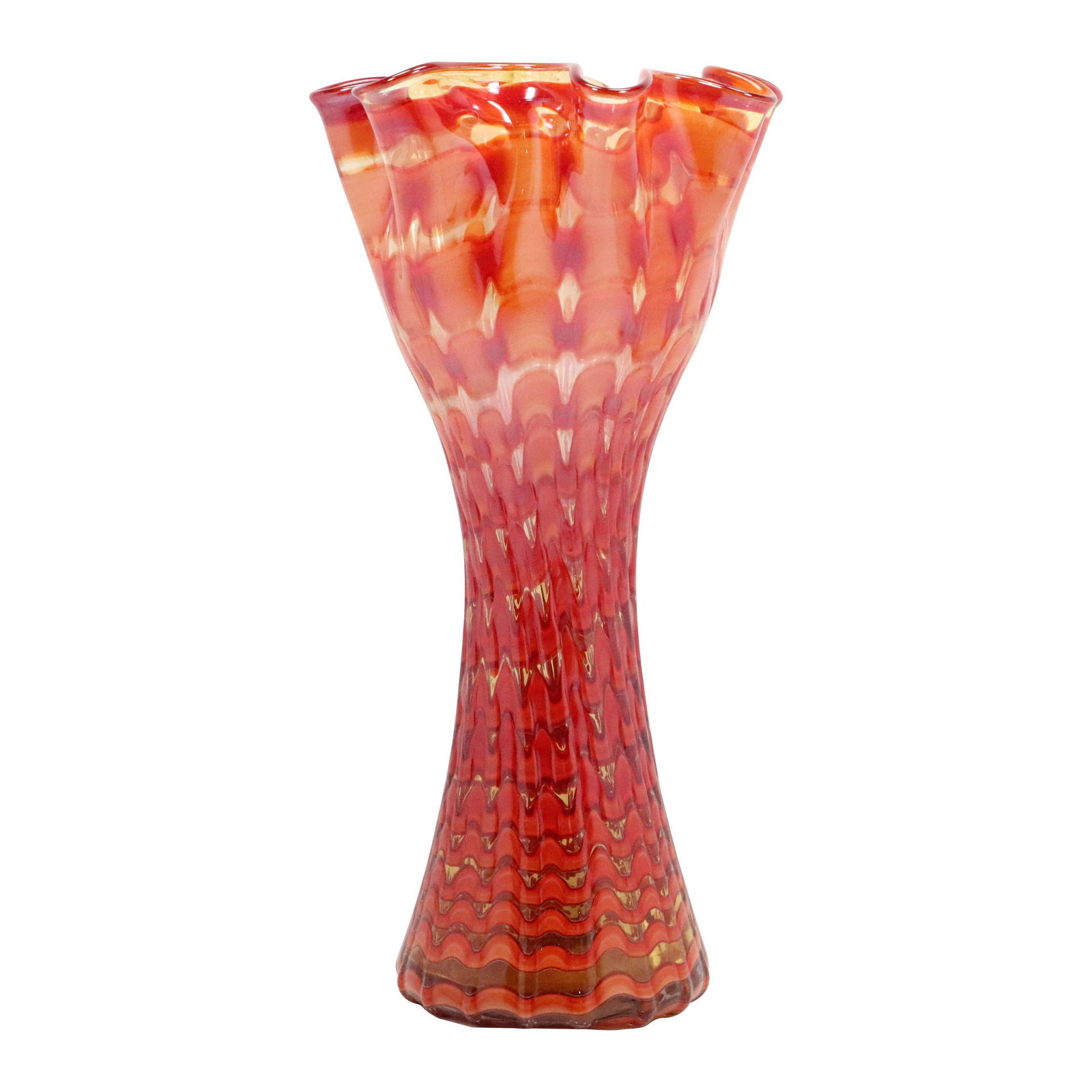 Exceptional Red Orange Art Glass Vase Ribbon Pattern (1 of 10)