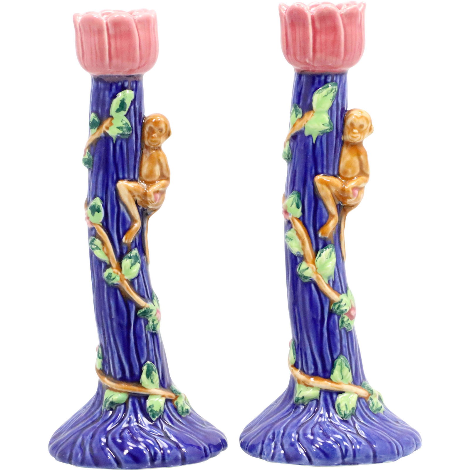 [2] Majolica Glazed Pottery Monkey Tall Candlesticks (1 of 13)