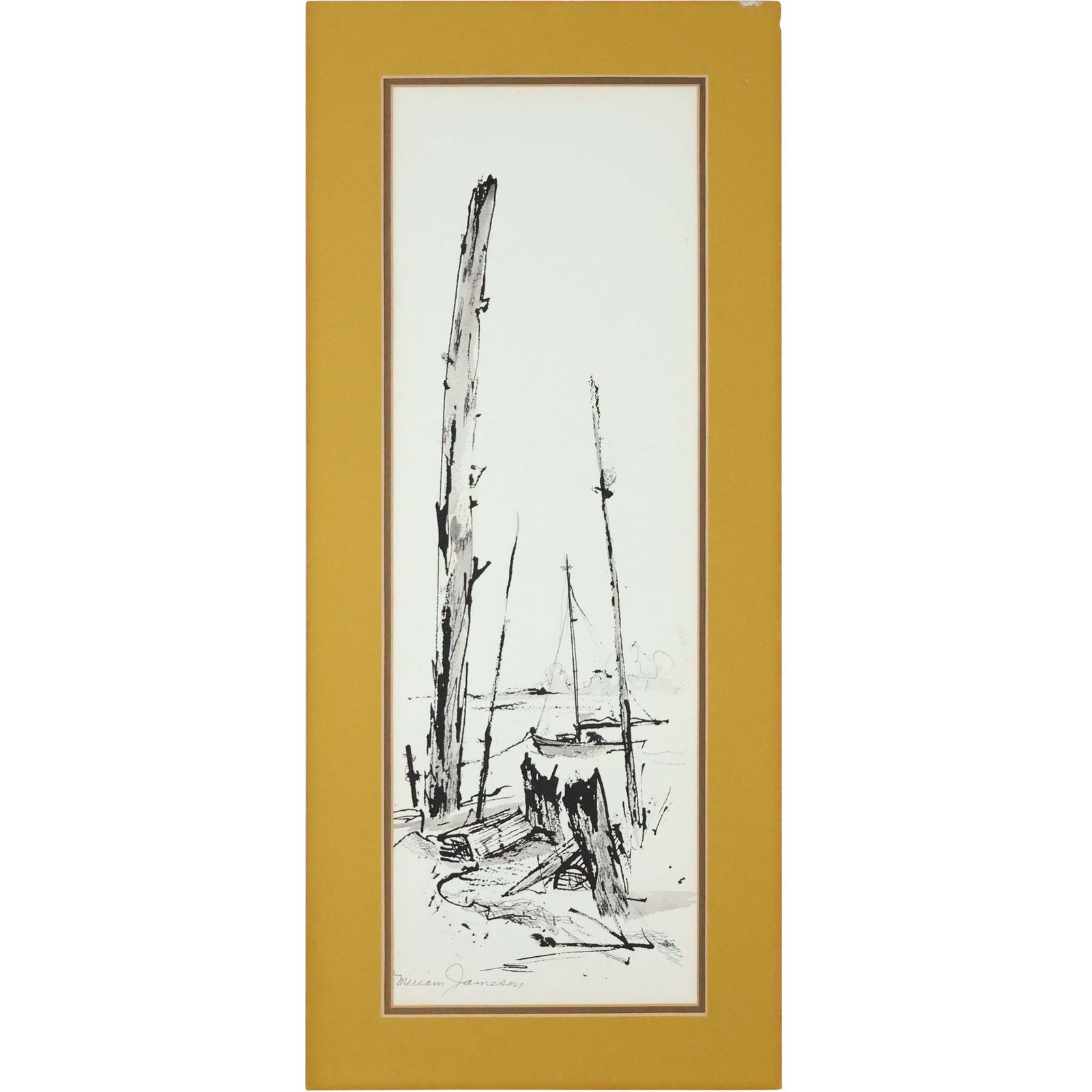 Miriam Jameson, Pen & Ink, "Tall Pilings": Miriam Jameson, Pen & Ink, "Tall Pilings"; matted only, no frame. Signed and titled. size: 22 x 7.5, 25.5 x 11 matte