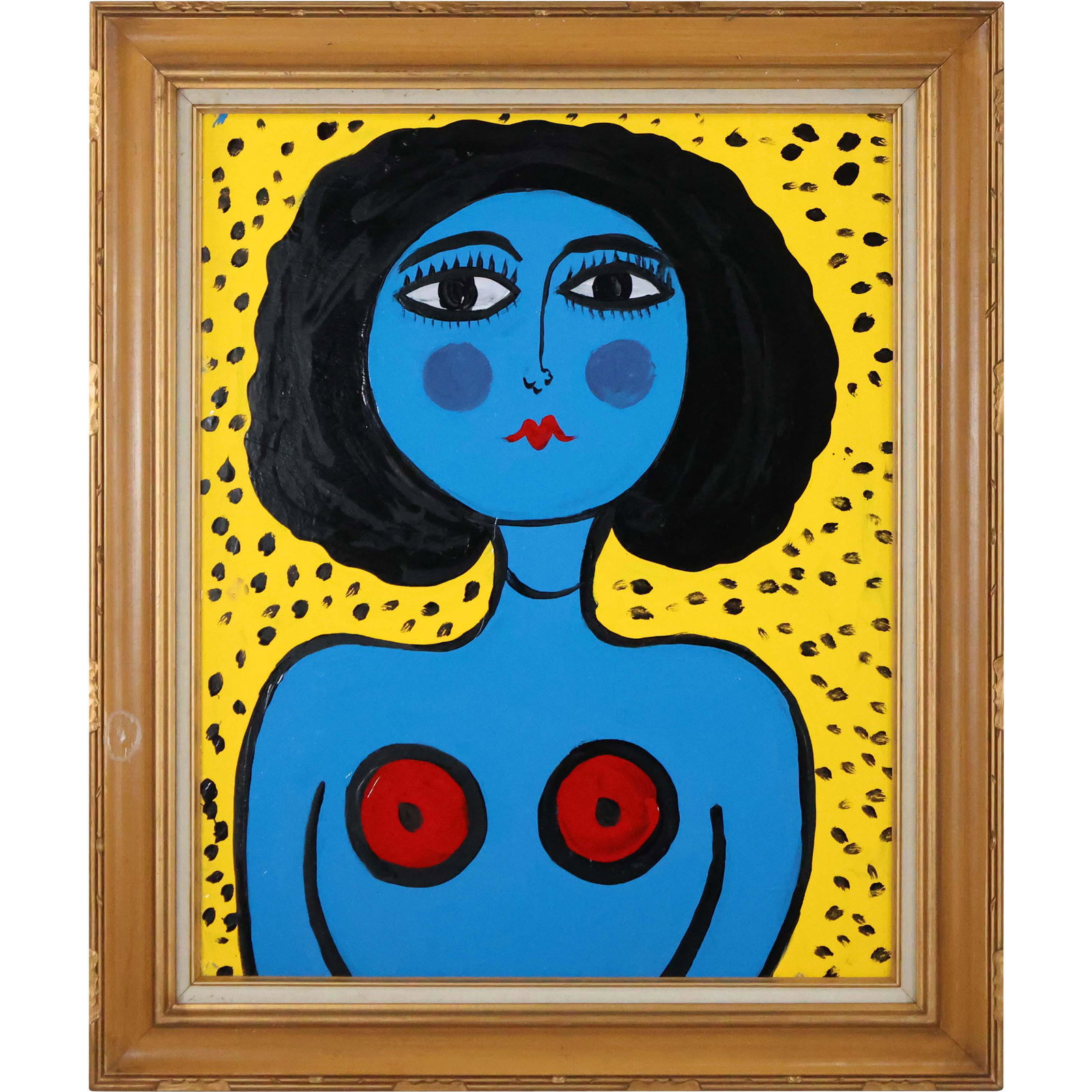 Thomas Pulgini, American, Oil/c Blue Woman Abstract: Thomas Pulgini, American, Oil/c Blue Woman Abstract with yellow background. Oil on board painting. Signed on verso, Framed. Well Listed Artist. Size: 30 x 24, outside of frame: 37 x 31 ; ASKart: Thoma