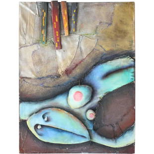 Mid-Century Assemblage Oil Painting Abstract Figure: Mid-Century Assemblage Oil Painting Abstract Figure, burlap, bar sticks. Oil on canvas painting. p> Size: 41 x 31