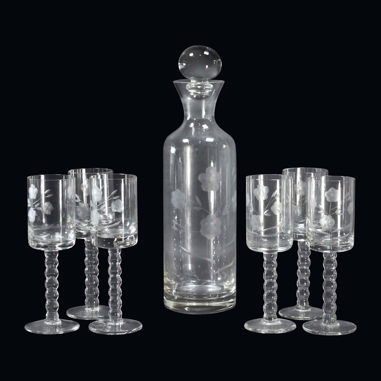 Etched Glass Liquor Decanter & 6 Etched Glass Stemware (1 of 10)