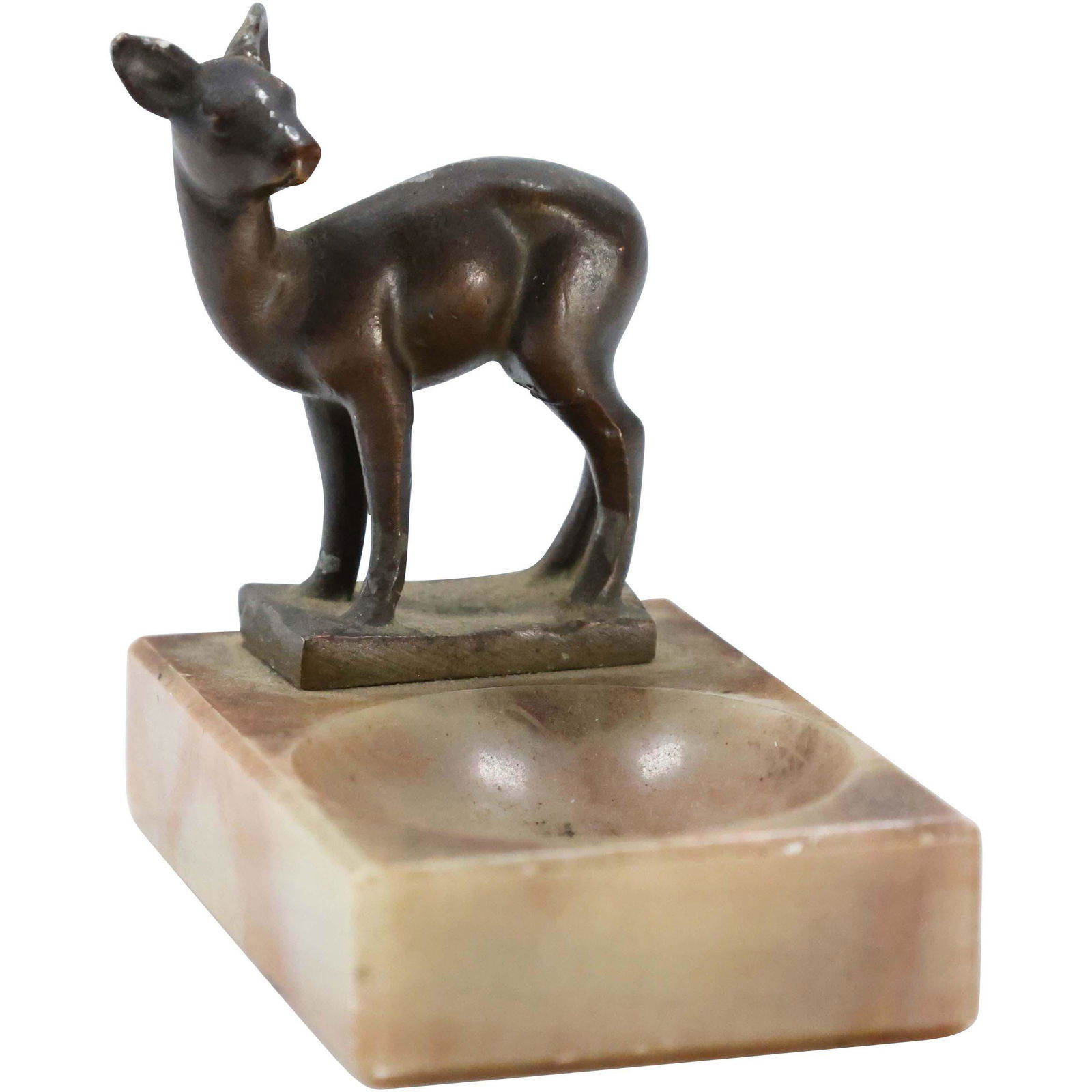 Bronze Fawn Figure Mounted on Marble Base Dish (1 of 4)