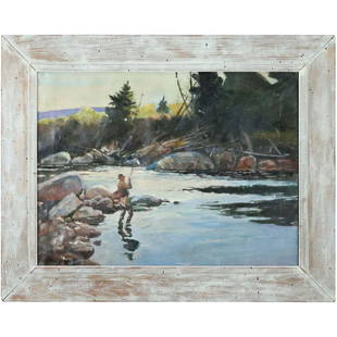 Ogden Pleissner; American Oil Trout Fishing Signed: Ogden Pleissner; American Oil Trout Fishing Signed . Ogden Minton Pleissner(1905-1983) oil on canvas. Trout Fishing. Signed lower left. Inscribed with title and dated 1950 on stretcher. Estate conditi