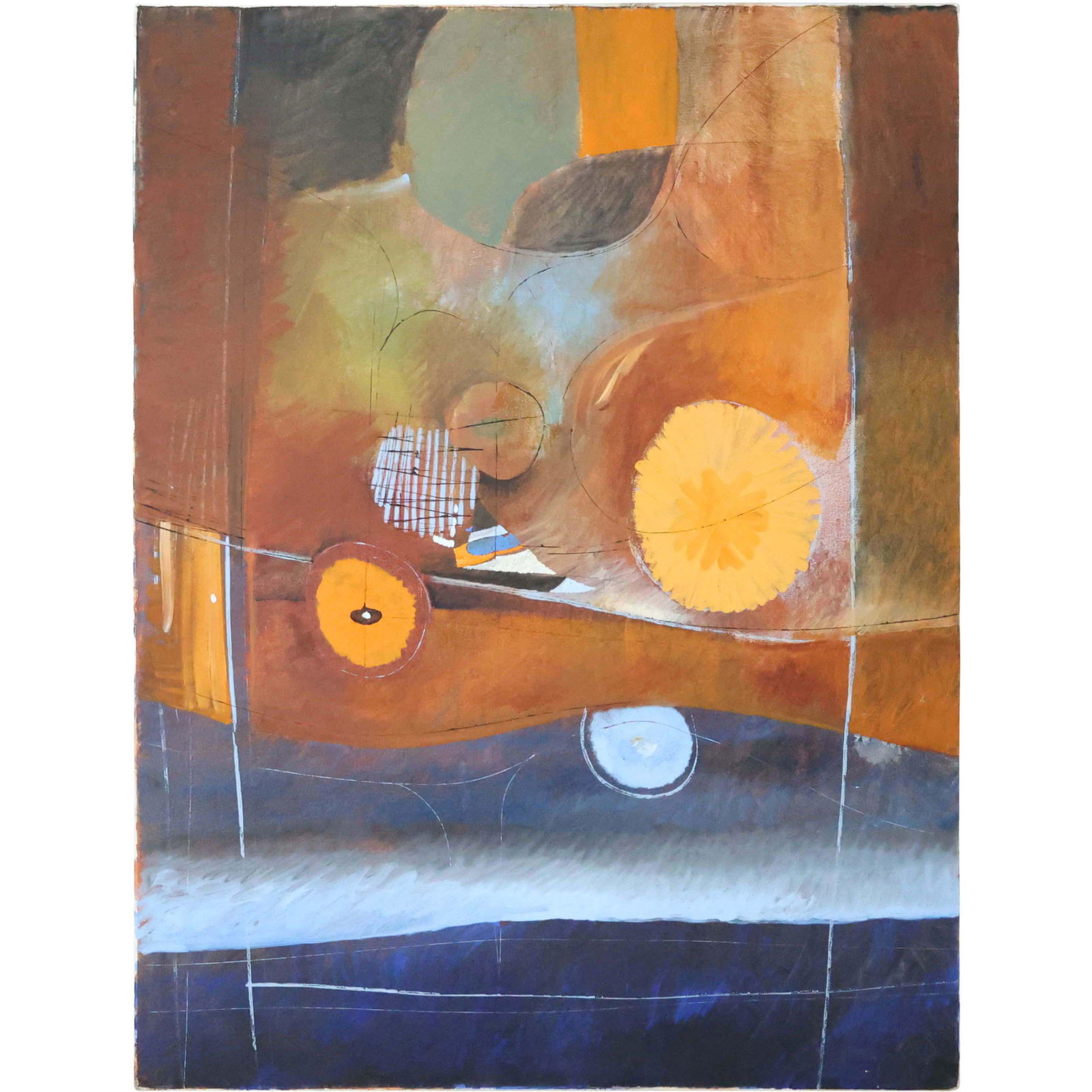 20th C. Oranges, Blues Circles Abstract Oil Painting (1 of 8)
