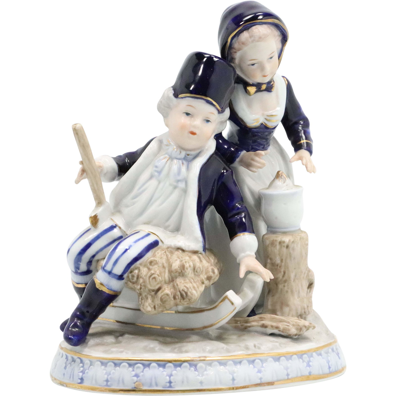 KPM Fine Porcelain Grouping Man Woman Cobalt Accents: KPM Fine Porcelain Grouping Man Woman Cobalt Accents. Size: 7.5h 6w