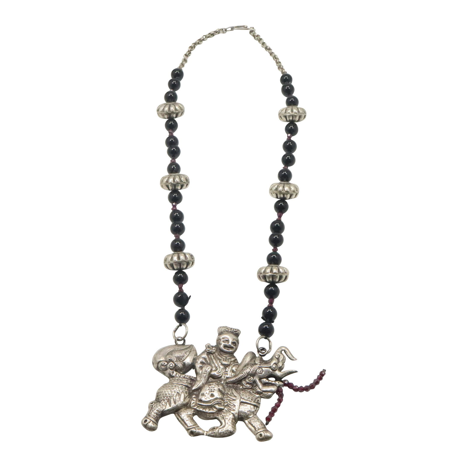 Sterling Large Pendant Necklace Oriental Man on Foo Dog (1 of 8)