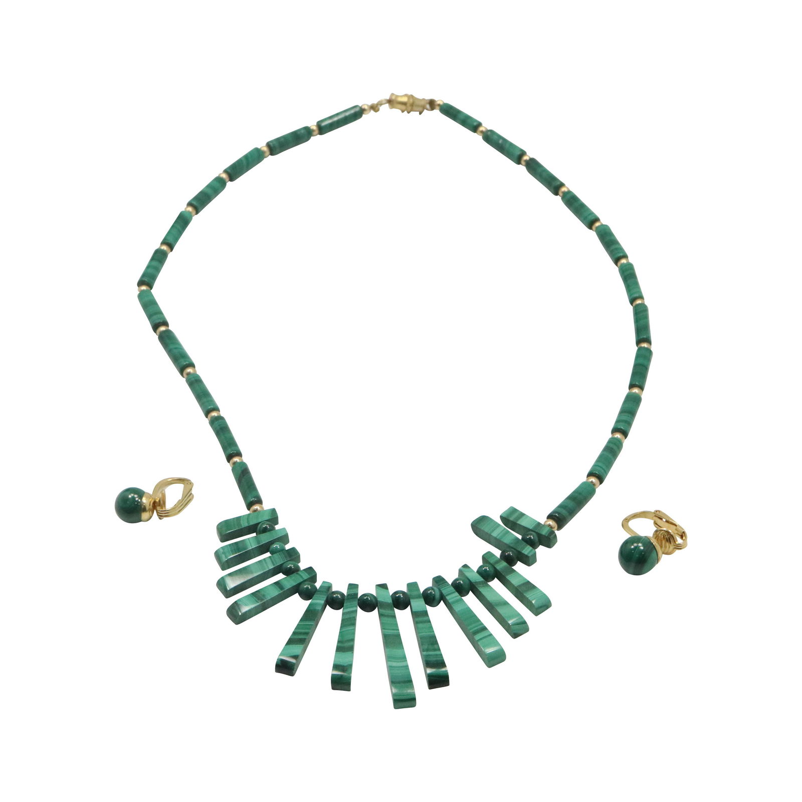 12K GF Malachite Necklace with Malachite Earrings: 12K GF Malachite Necklace with Malachite Earrings. Marked: 12K GF; Size: necklace 18 in, ; earrings 5/8 in. x 1/4 in.