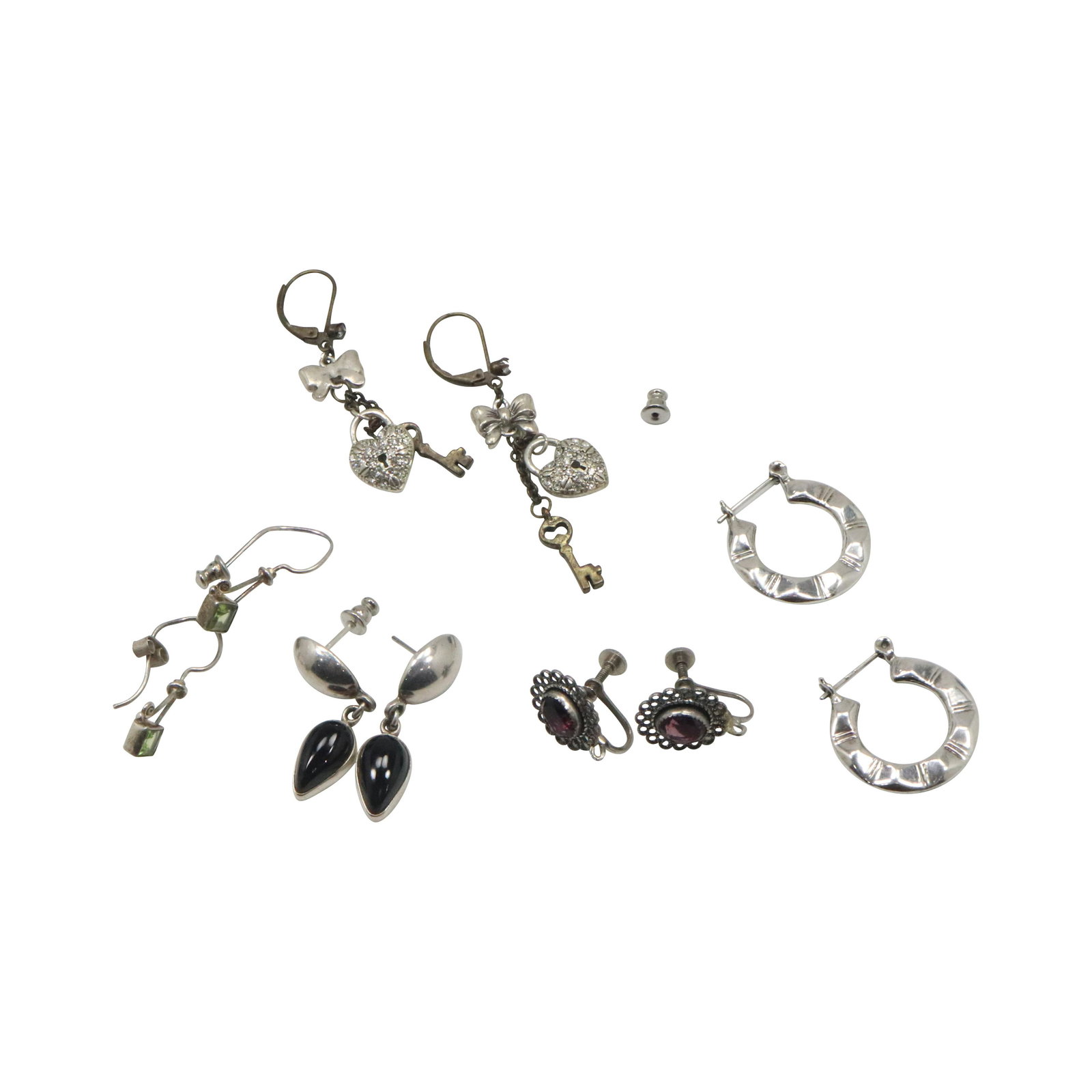 Betsy Johnson Sterling Earrings, Hoops, Peridot Ear: Betsy Johnson Sterling Earrings, Hoops, Peridot Ear. All Sterling. Size: Betsy Johnson 2 1/4 in. x 1/4 in; hoops 1 in. , peridot 1/2 in.