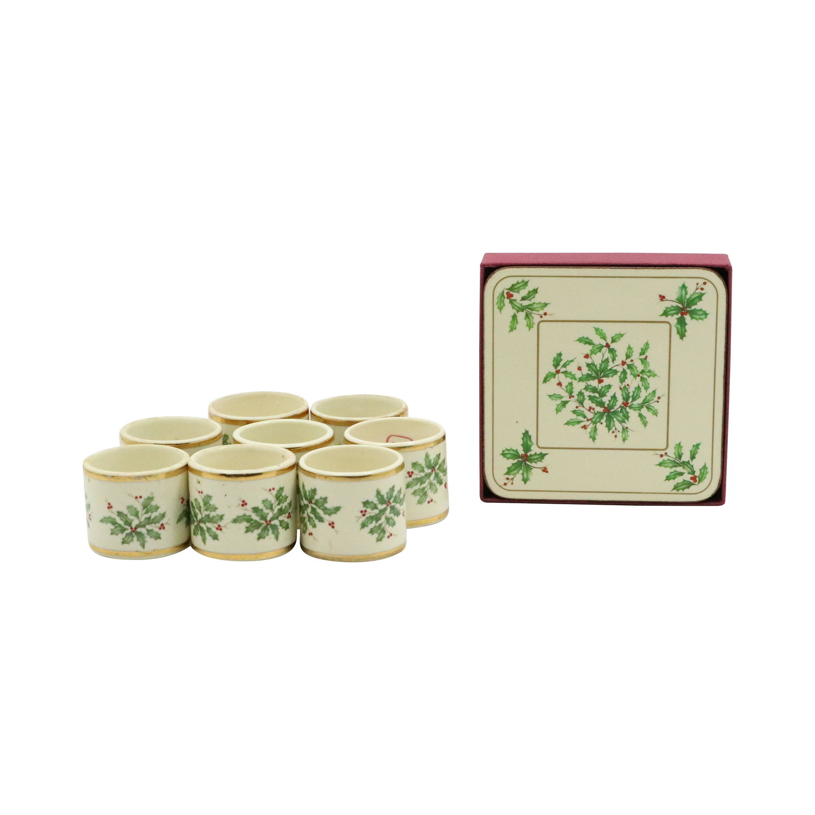 [8] Porcelain Christmas Napkin Rings; Box 6 Coasters: [8] Porcelain Christmas Napkin Rings; Box 6 Coasters. size: 1.5h 1.75w