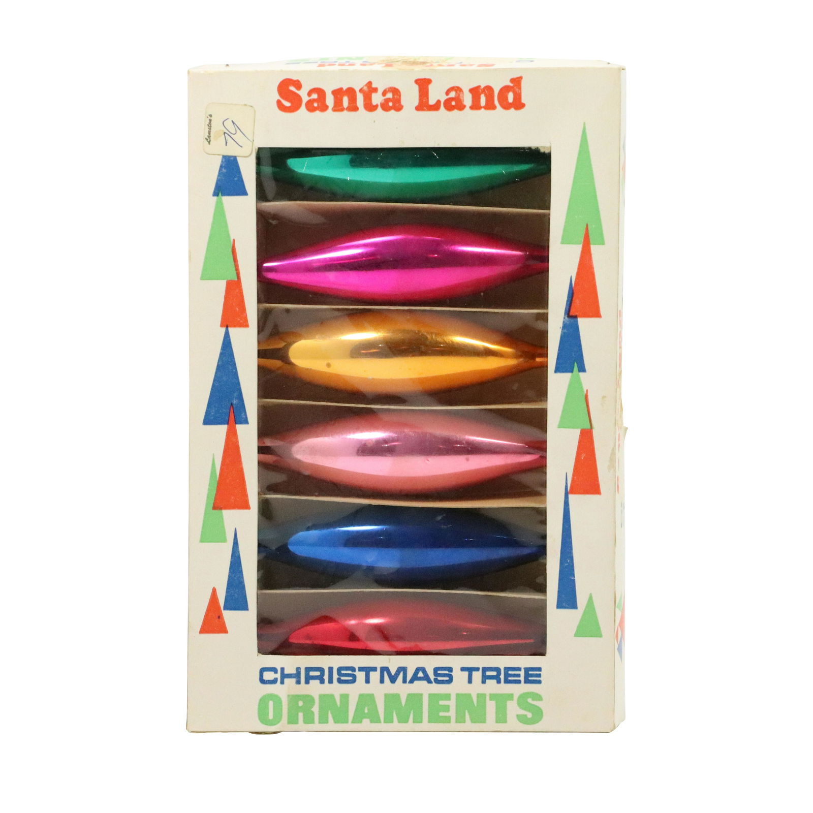 Vintage Santa Land Glass Christmas Ornaments in Box: Vintage Santa Land Glass Christmas Ornaments in Box. Multi Colors. size: 1.5h 9w 6.5L.