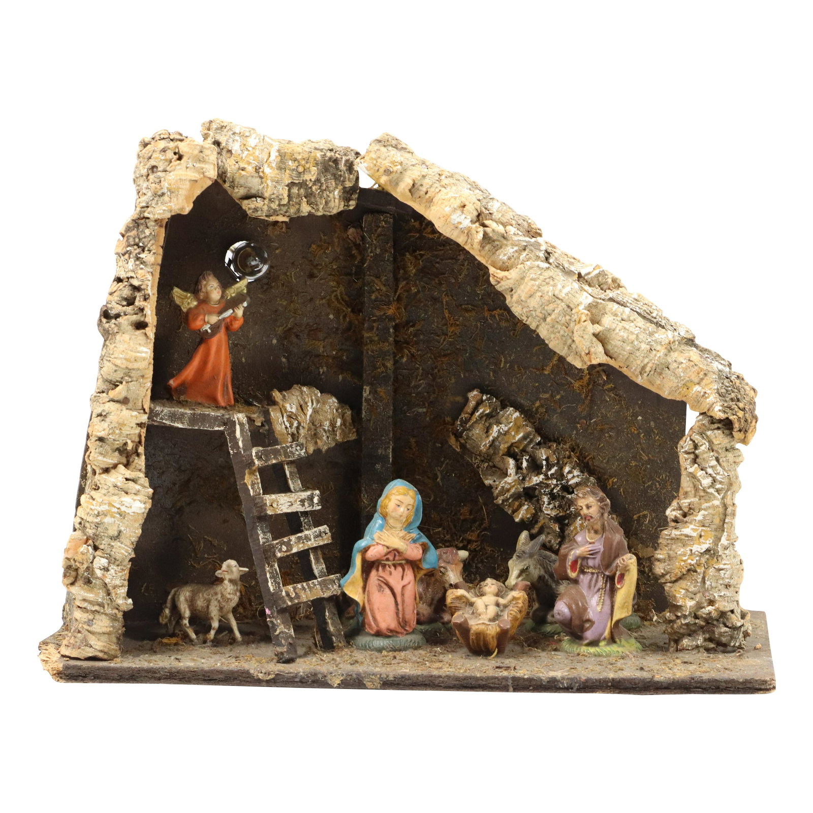 Vintage Wooden Manger Hut with Figures and Light: Vintage Wooden Manger Hut with Figures and Light. size: 13h 17w