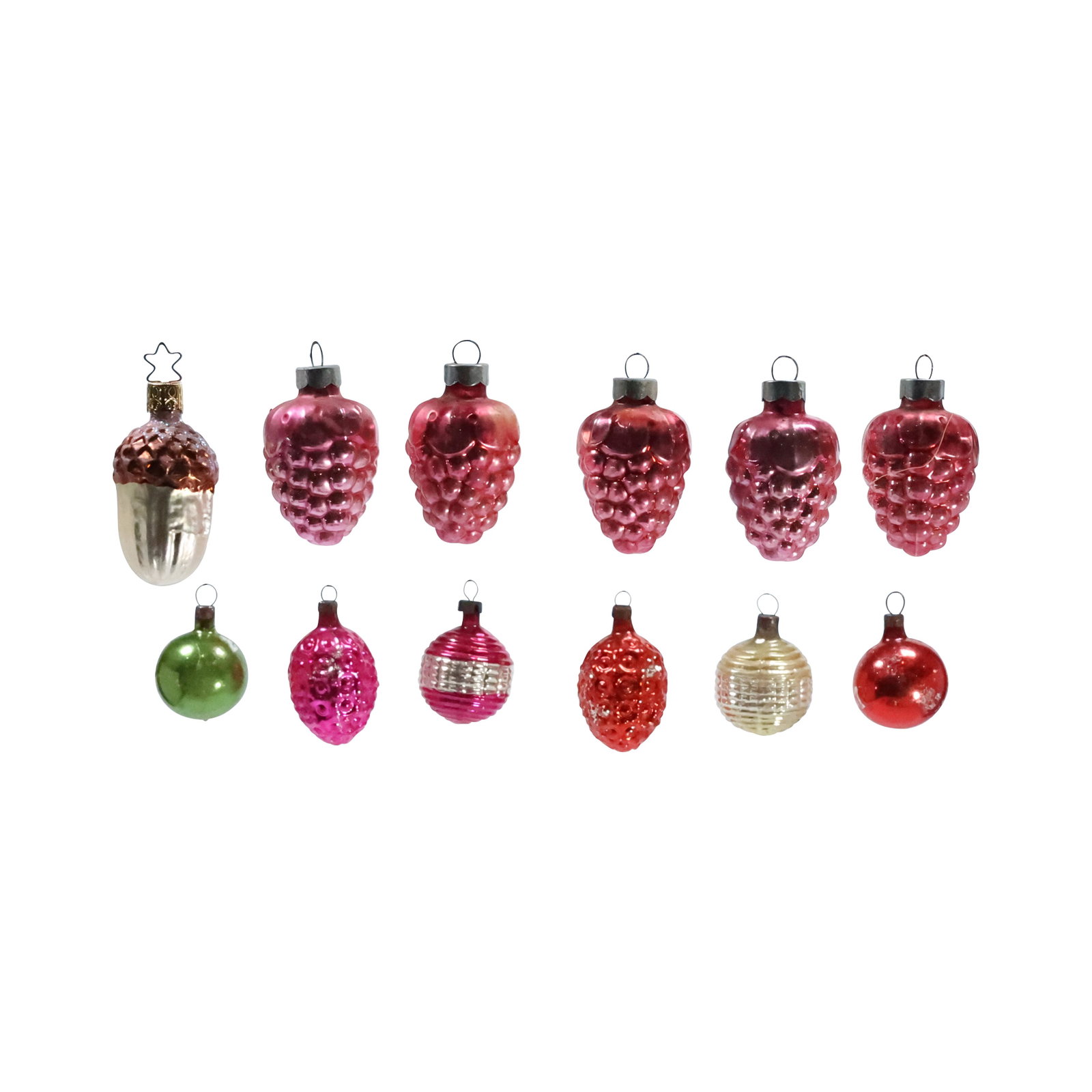 12 Vintage Glass Christmas Ornaments, Most are Germany: [12] Vintage Glass Christmas Ornaments, Most are Germany. Size: 2.25 - 1.5 range in heights from cap