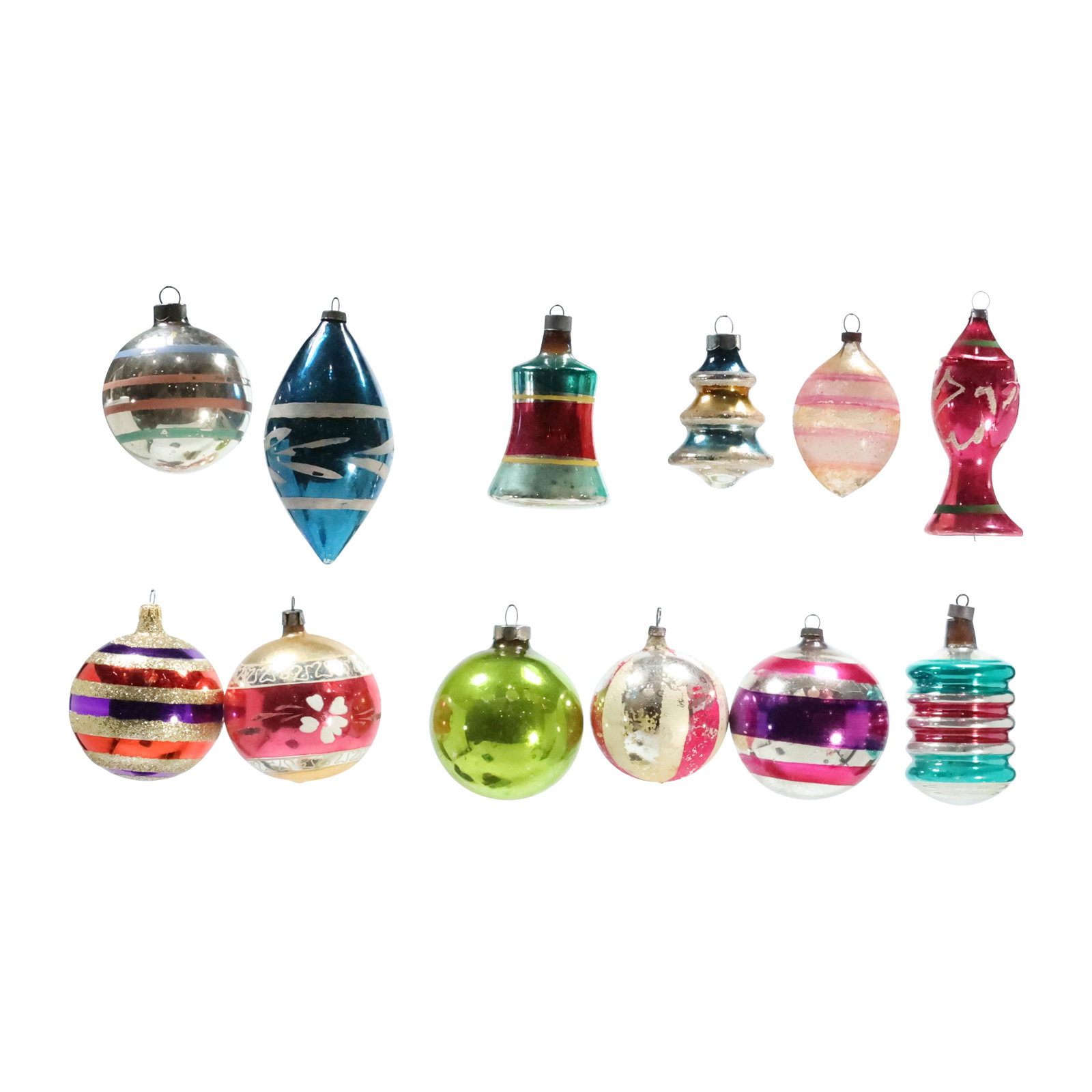 [12] Assorted Vintage Glass Christmas Ornaments: [12] Assorted Vintage Glass Christmas Ornaments. Size: 2.5 h 3.25 h range in height from cap