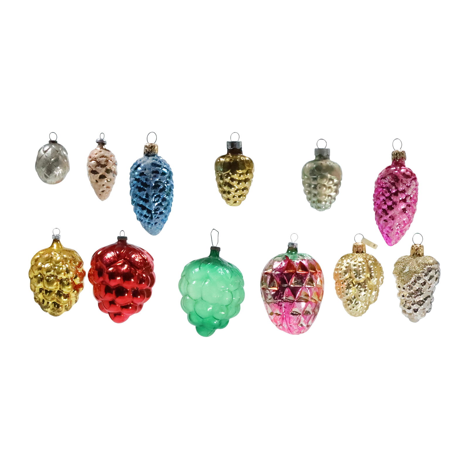 12 Assorted Grapes, Pine Cones Vintage Glass Ornaments: 12 Assorted Grapes, Pine Cones Vintage Glass Ornaments. Size: 1.5 - 3.5 range in heights from cap