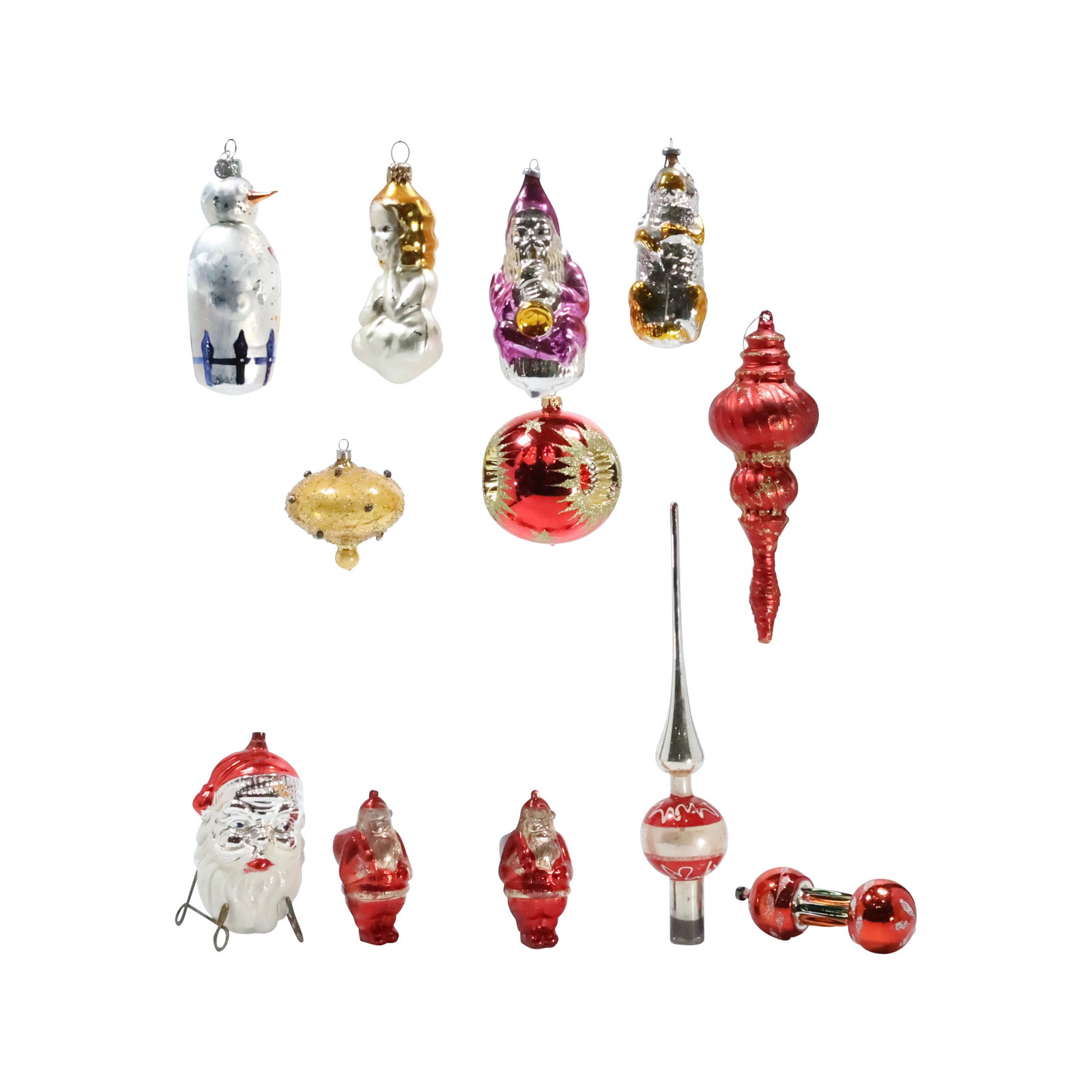 12 Assorted Vintage Glass Christmas Ornaments: 12 Assorted Vintage Glass Christmas Ornaments - Variety. Size: 2.5 - 10 range in height from caps