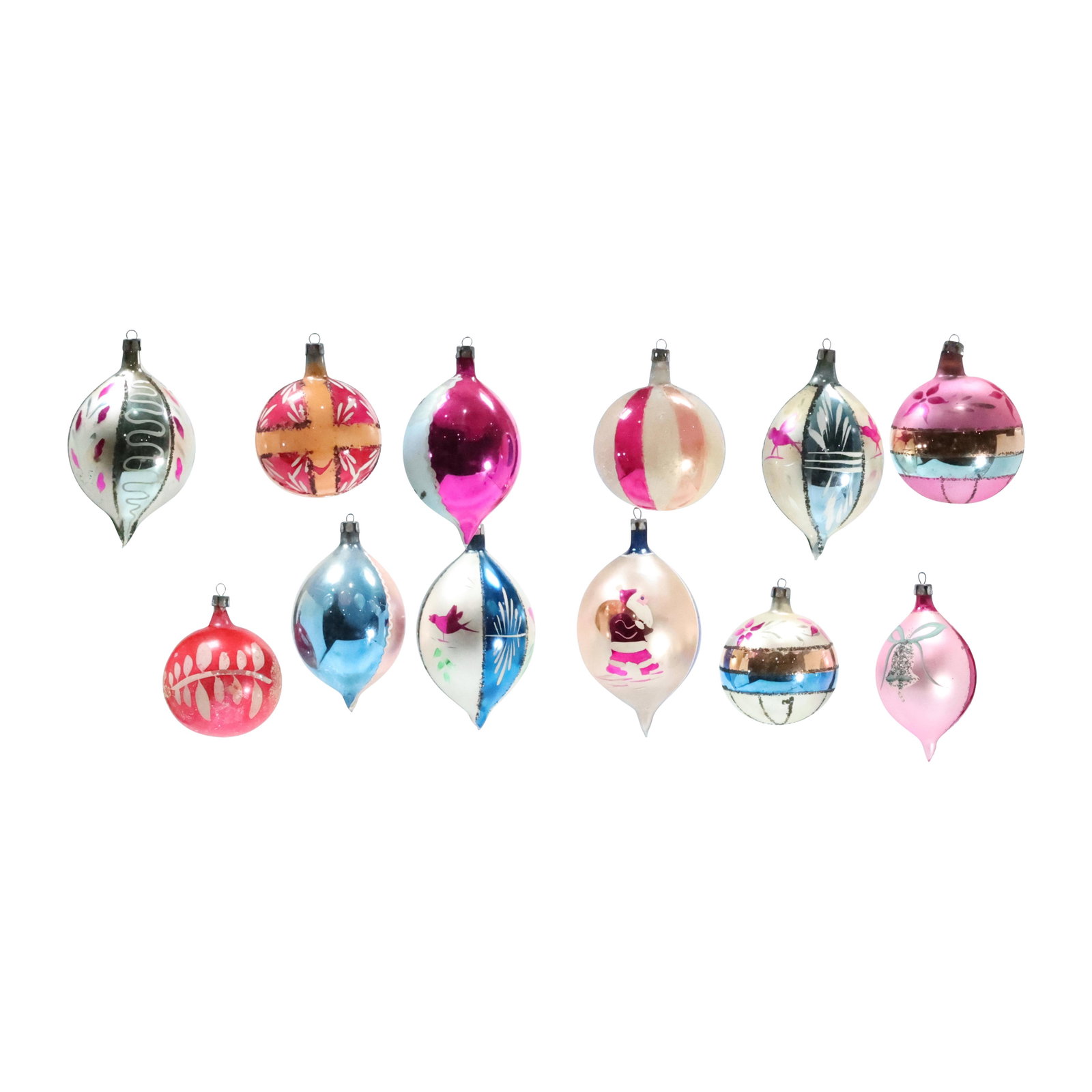 12 Assorted Vintage Glass Decorated Christmas Ornaments: 12 Assorted Vintage Glass Decorated Christmas Ornaments. Size: 3 - 5 range in heights from cap.