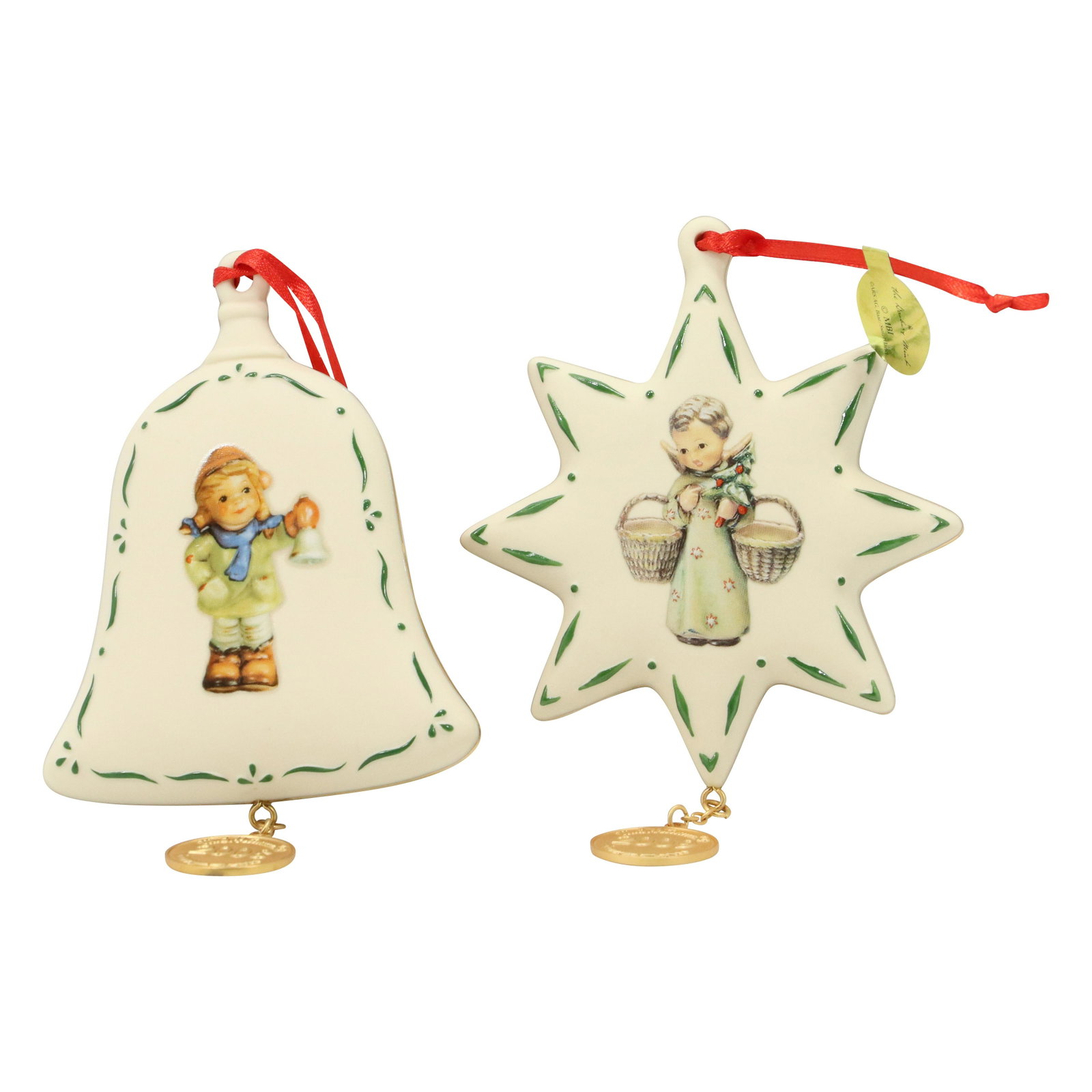 [2] M J Hummel Christmas Ornaments. Bell & Snowflake: [2] M J Hummel Christmas Ornaments. Bell and Snowflake. size: (star 6.5h 4w), (bell 6.25h 3.5w)