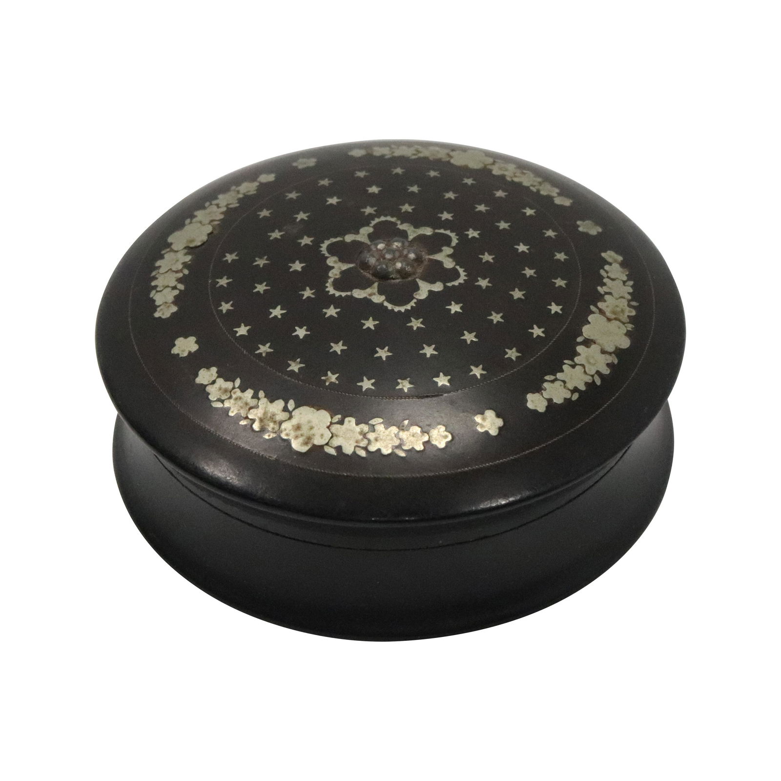 Antique Round Ebony Wood Covered Box Sterling Inlay (1 of 6)