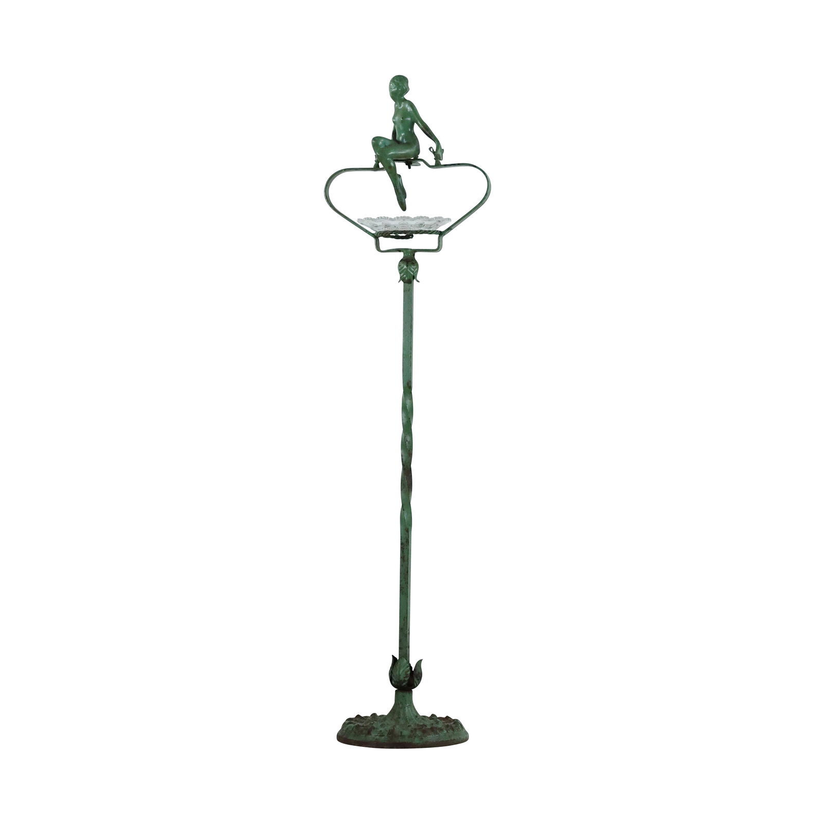 Art Deco Frankart Style Nude Woman Standing Smoke Stand: Art Deco Frankart Style Nude Woman Standing Smoke Stand. Original green patina paint. Replaced glass dish. size: 36 x 9