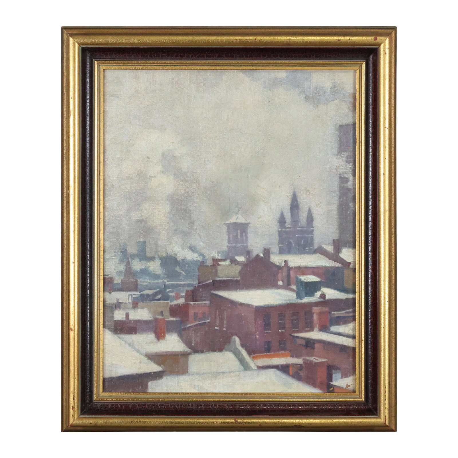 1950s Oil Painting Winter Roof Tops Industrial City: 1950s Oil Painting Winter Roof Tops Industrial City. Nice Quality, Oil on board Painting. Unsigned, Vintage, Original Framing. size: 20 x 16, 24.5 x 20.5 outside of frame