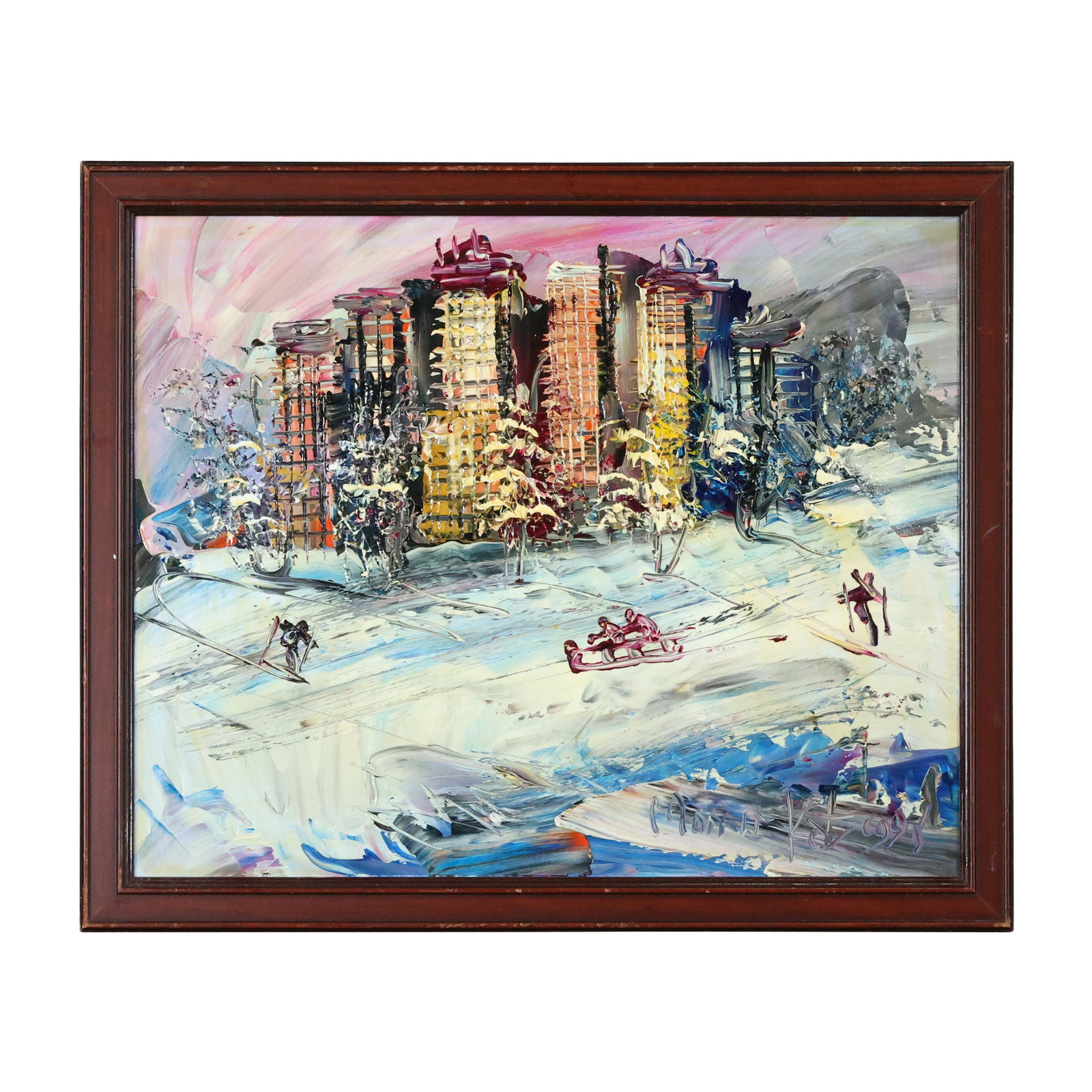 Morris Katz 1995, Jewish American Oil/b Winter Sledding: Morris Katz 1995, Jewish American Oil/b Winter Sledding at the Concord Resort Motel, Kiamesha Lake NY. A wonderful painting by the artist. Great colors. Acrylic on board, Signed and dated, Original fr