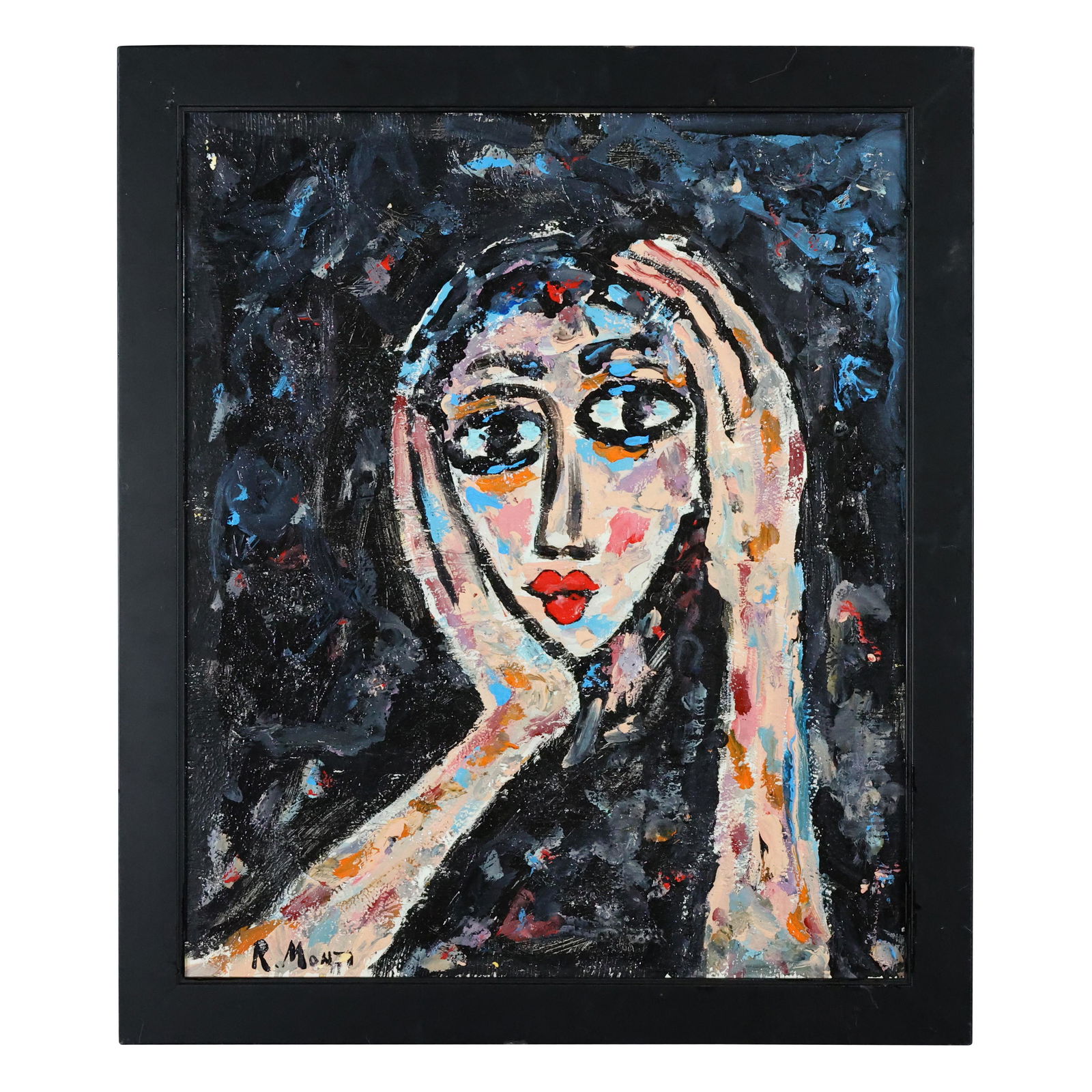 Rocco Monticolo, R Monti, Oil/c, Hands on Face Portrait: Rocco Monticolo, R Monti, Oil/c, Hands on Face Portrait. Oil on canvas painting, Signed, Framed. Well listed American Artist. size: 24 x 20, 27 x 23 outside of frame. ASKart: Rocco Monticolo is a popu