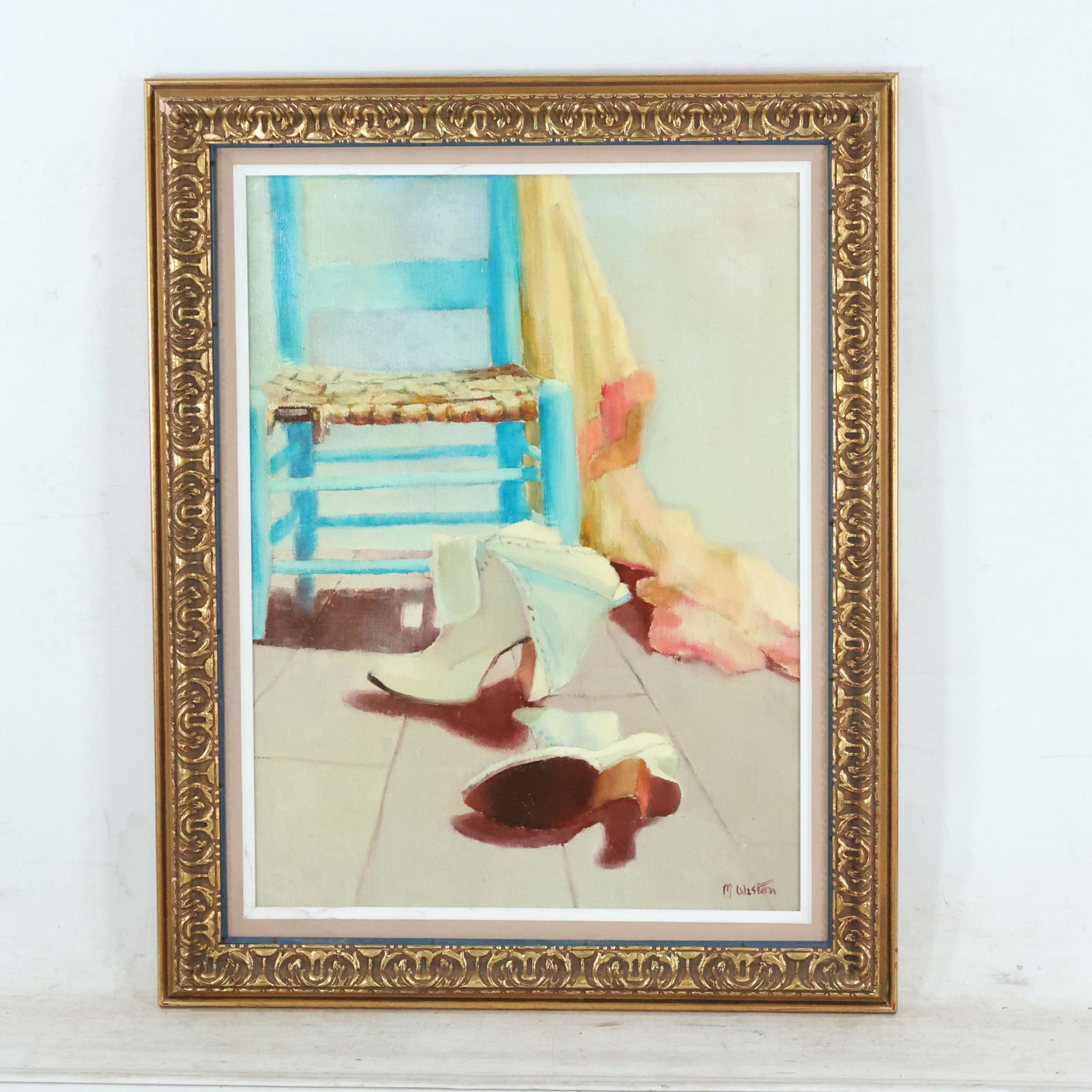 M Weston, Oil/c White Boots Next To Blue Country Chair: M Weston, Oil/c White Boots Next To Blue Country Chair, Signed. Oil on canvas painting, Framed. size: 24 x 18, 29.5 x 24 outside of frame
