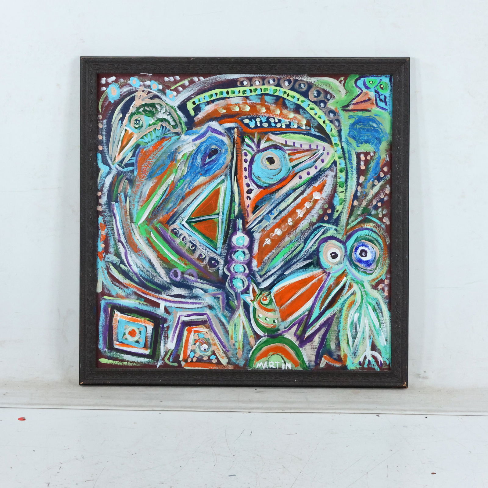 Jason Martin, Oil/b Abstract Face "Birds of a Feather": Jason Martin, Oil/b Abstract Face "Birds of a Feather" . Oil on board painting . Signed front and back, titled. size: 23.5 x 23.5, 26 x 26.5 outside of frame