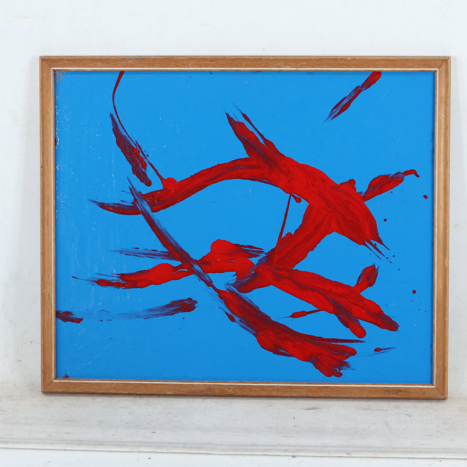 Thomas Pulgini, American, Oil/b Abstract Red on Blue: Thomas Pulgini, American, Oil/b Abstract Red on Blue, Oil on board painting, Signed on verso, framed. Well listed American Artist. size:16 x 19.5, 17 x 20.5 outside of frame. ASKart: Thomas Pulgini, B