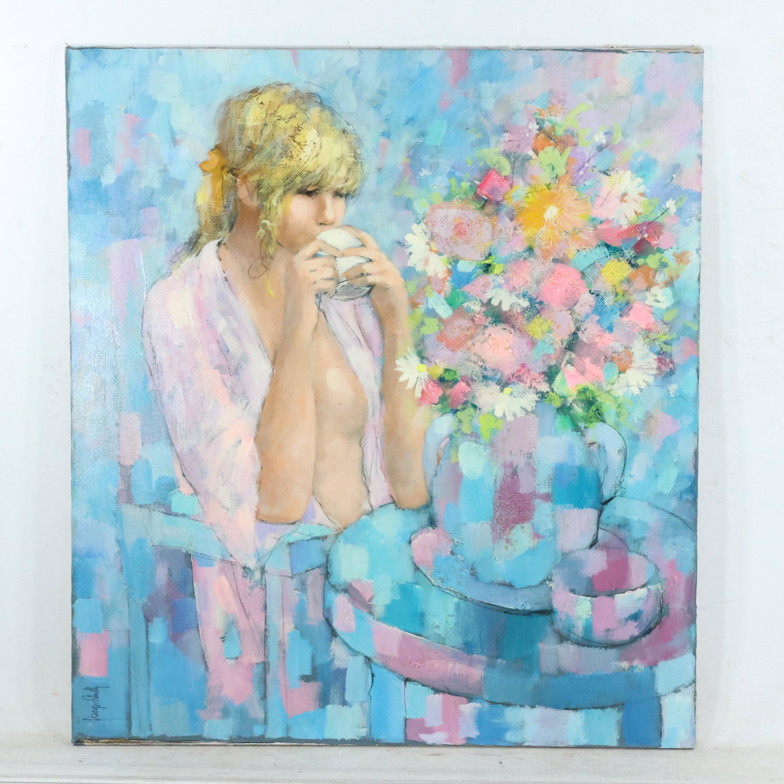 George Shelly, Oil/c, Young Woman Having Tea at Table: George Shelly, Oil/c, Young Woman Having Tea at Table. Oil on canvas painting, Signed, NJ Artist. size: 40 in., x 36 in.